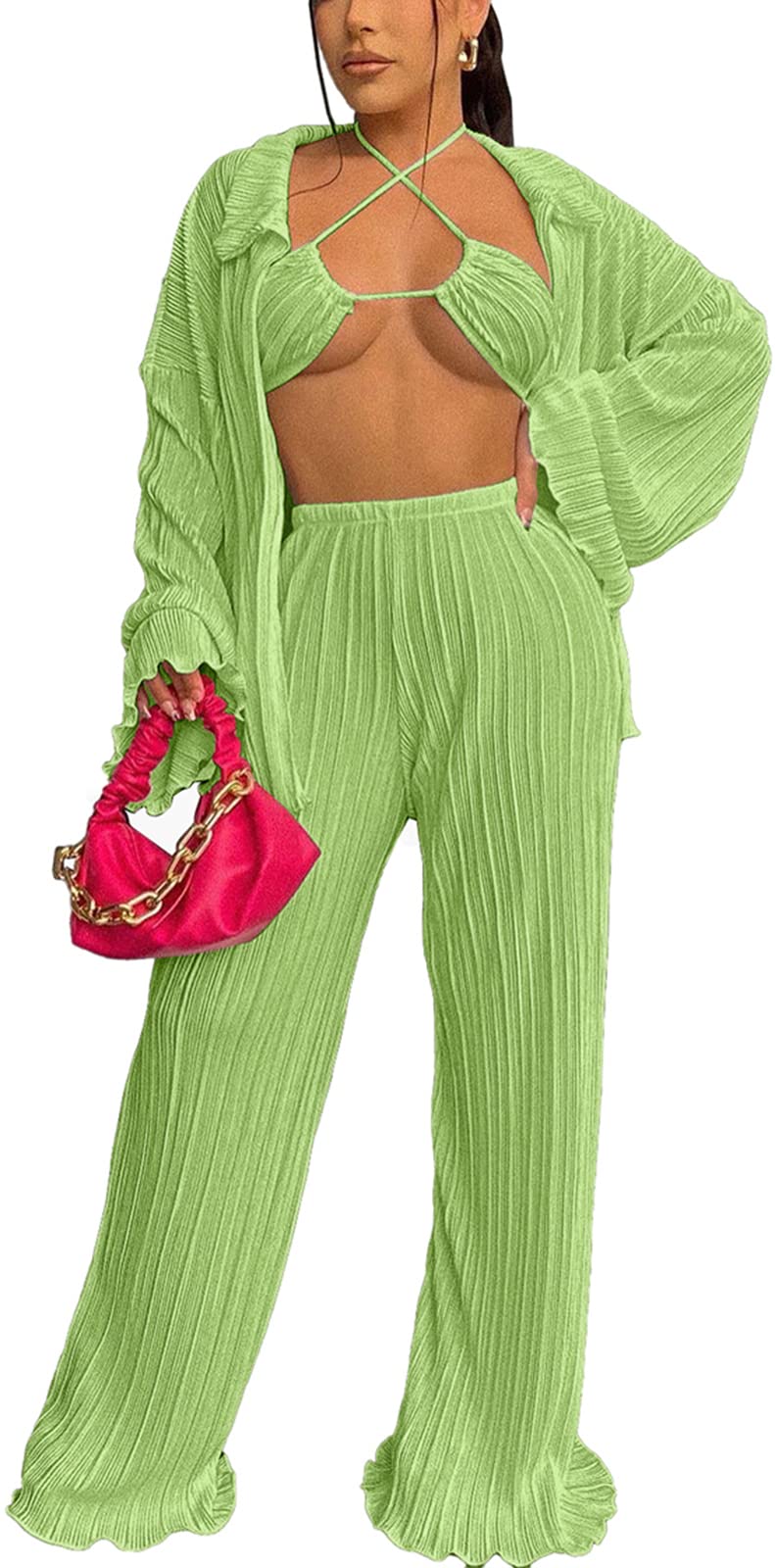 Sexy Women's 3 Piece Bikini Set - Striped Long Sleeve Cardigan, Bra & Wide Leg Pants - Trendy Beachwear for Summer Vacation, Pool Party & Tropical Getaways