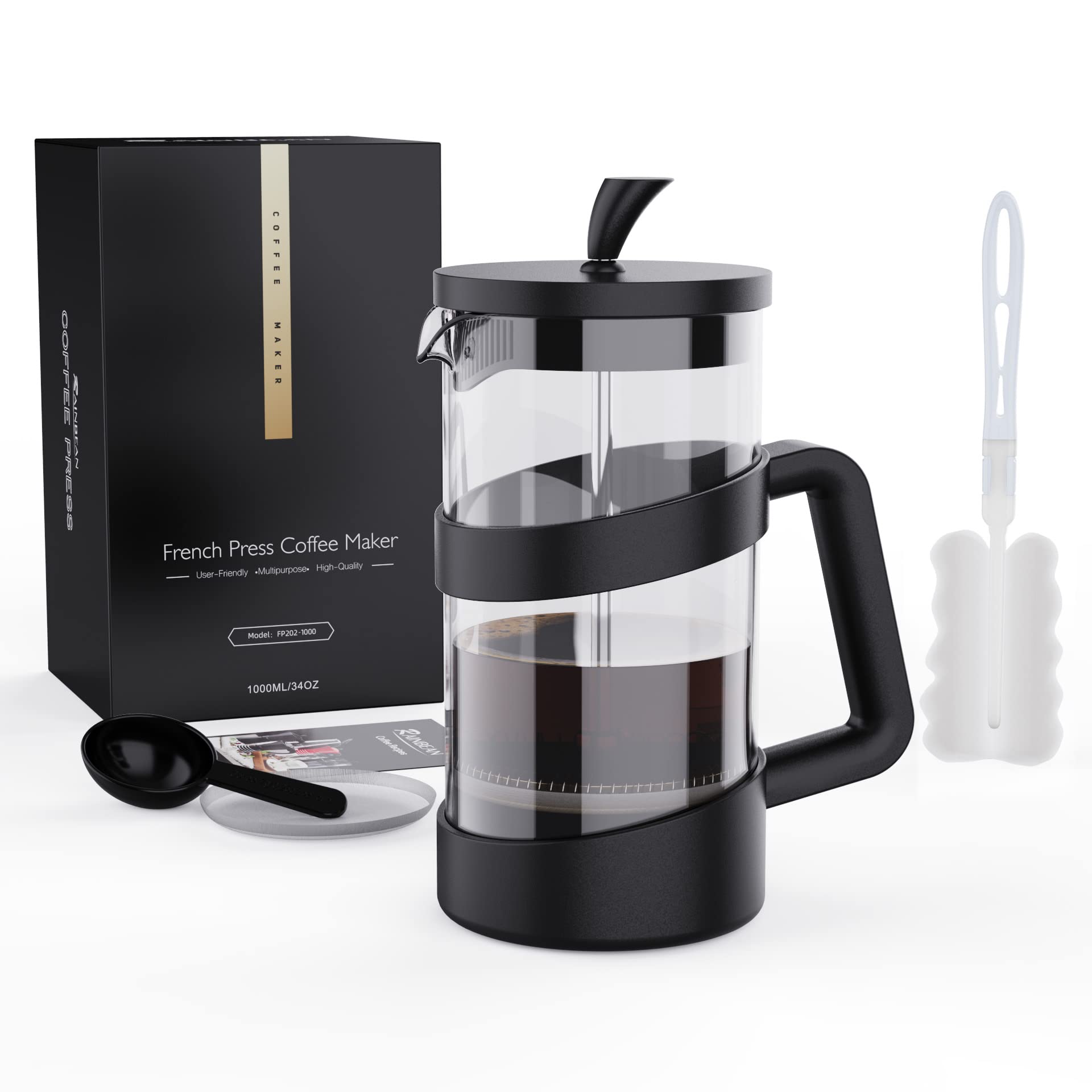 RAINBEAN 34oz French Press Coffee Maker - Large Glass Travel & Camping Coffee Pot for Hot & Cold Brew - Portable Tea & Coffee Brewer for Home, Office, Outdoor Adventures