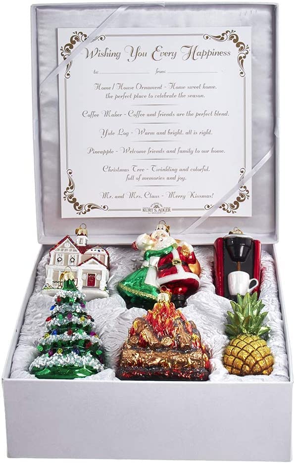 Kurt Adler 6-Piece Christmas Ornament Set with S-Hooks & Gift Box - Elegant Holiday Decor for Tree, Home, Party - Perfect New Home Gift (NB1666)