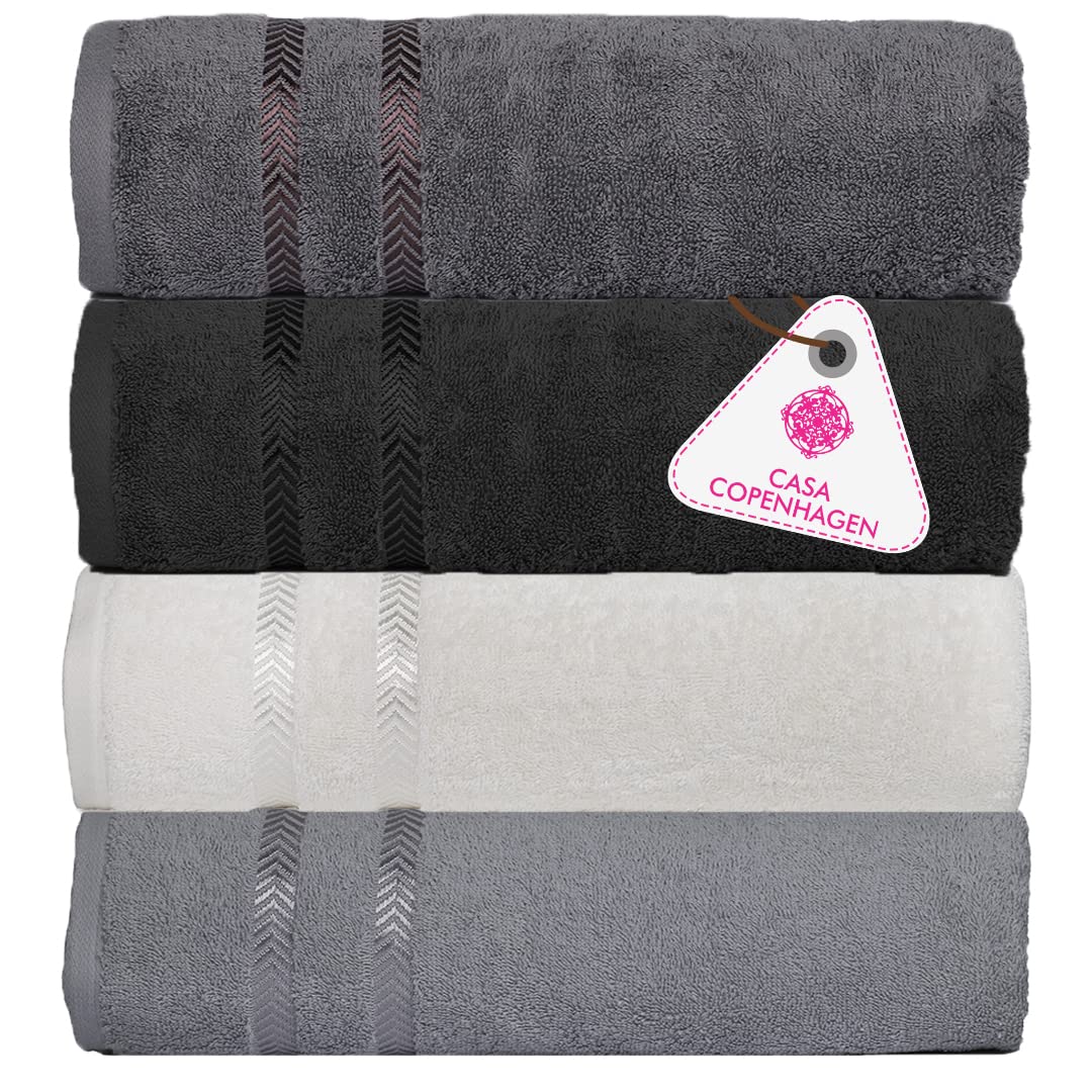 Premium 500 GSM Egyptian Cotton Bath Towels Set of 4 - 27x55 Inches Large Super Soft & Absorbent Towels for Bathroom, Spa & Gym (Light Grey, White, Black, Dark Grey) - Luxury Hotel Quality Towels for Home & Vacation Use