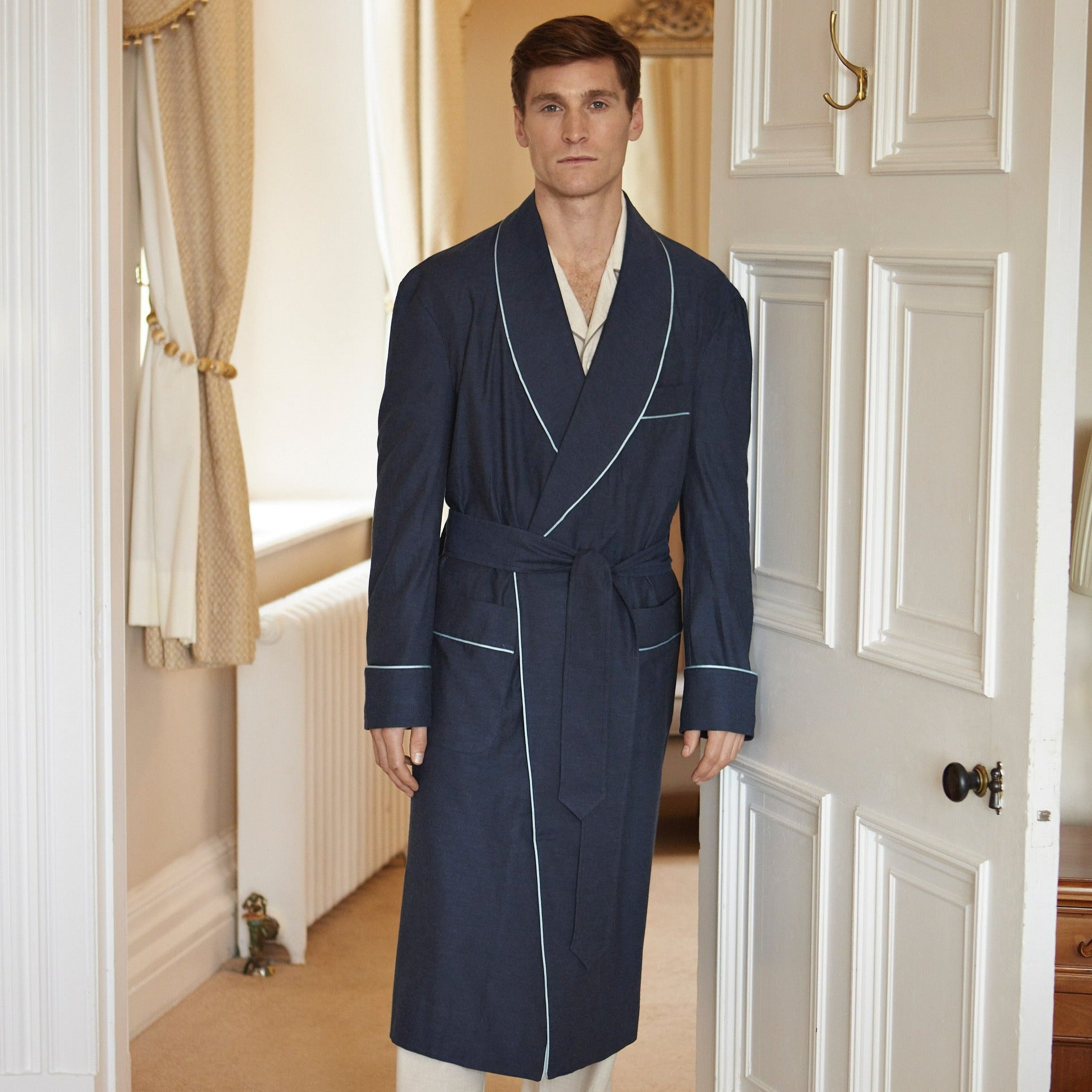 Luxury Navy Blue Brushed Twill Dressing Gown for Women - Soft Cotton Robe with Pockets - Perfect for Spa, Lounge & Home Relaxation
