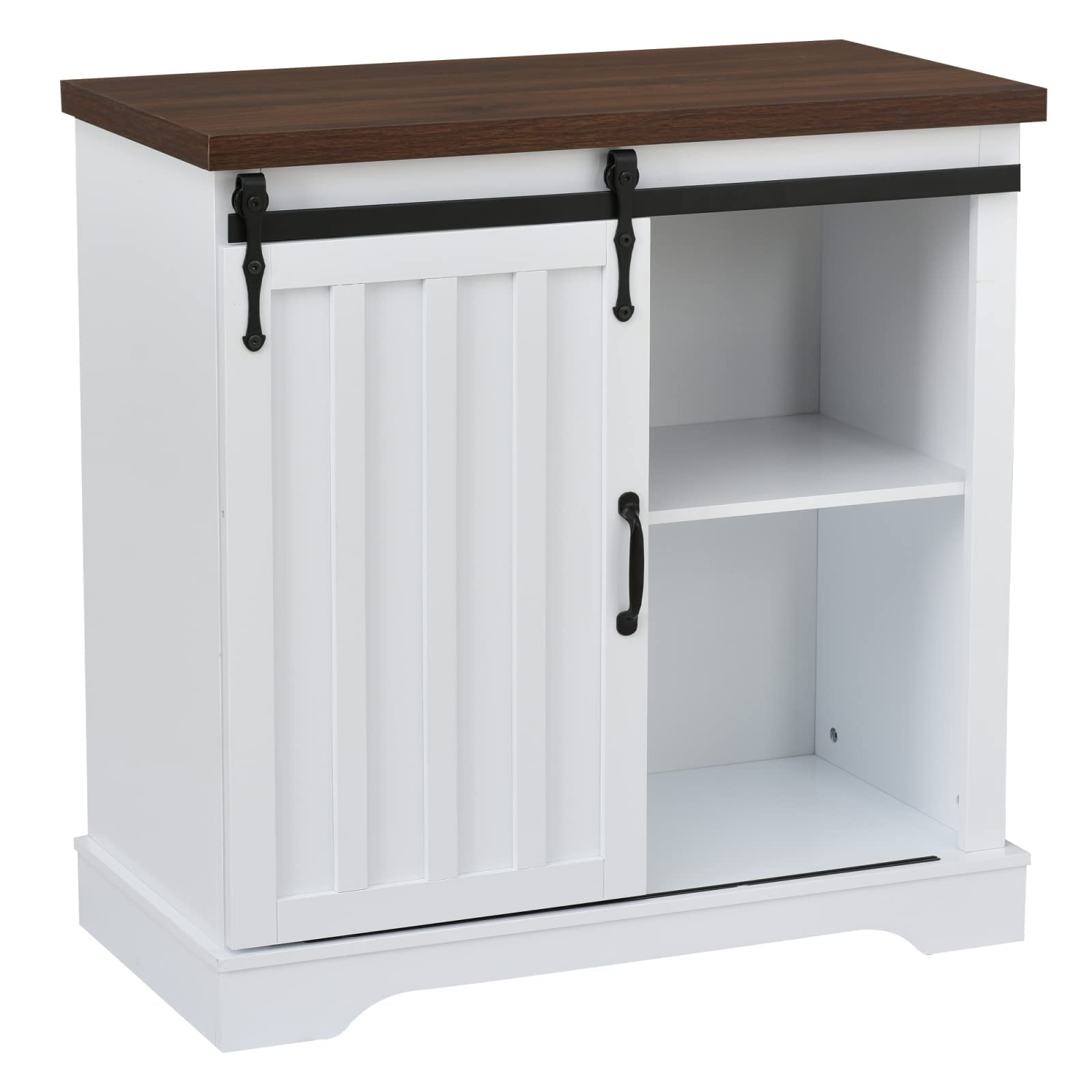 Modern Farmhouse Sliding Slat Door Storage Cabinet - Freestanding Accent Cabinet for Bathroom, Kitchen & Living Room - White and Brown Sideboard Buffet with Adjustable Shelves & Open Side Panels - Perfect for Home Organization and Stylish Storage Solutions