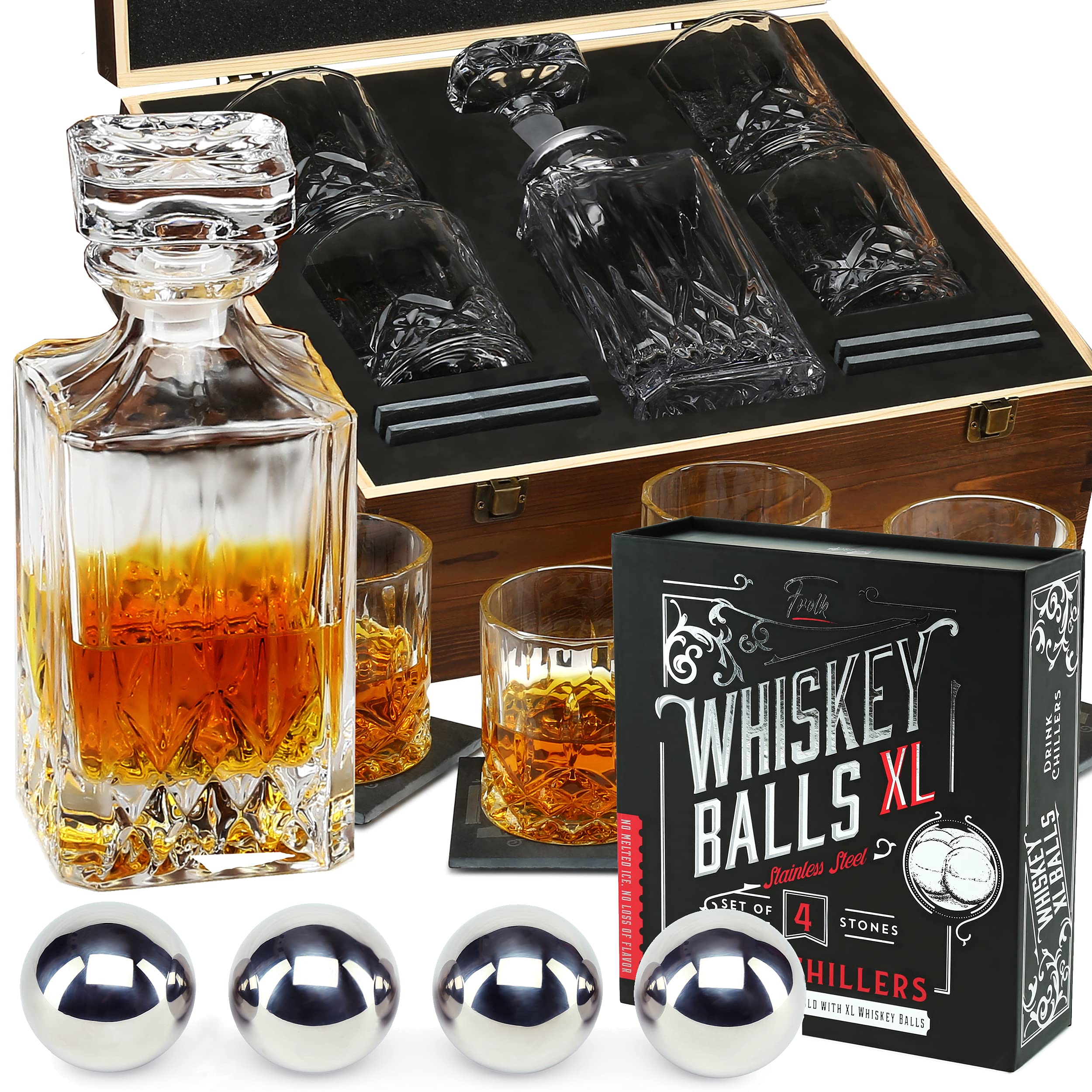 Premium Whiskey Decanter Set with 4 XL Stainless Steel Ice Balls & Glasses - Luxury Gift Box Includes Special Tongs & Freezer Pouch - Perfect Whiskey Lover Gift for Men & Women - Ideal for Home Bars, Dinner Parties & Anniversary Gifts