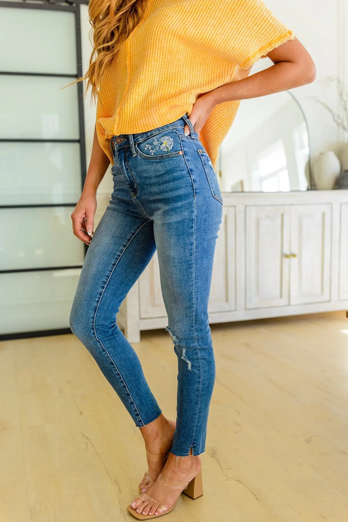 High Waisted Dandelion Embroidery Skinny Jeans for Women - Trendy Floral Design Stretch Denim Pants (Perfect for Casual Wear, Date Nights & Spring Outfits)