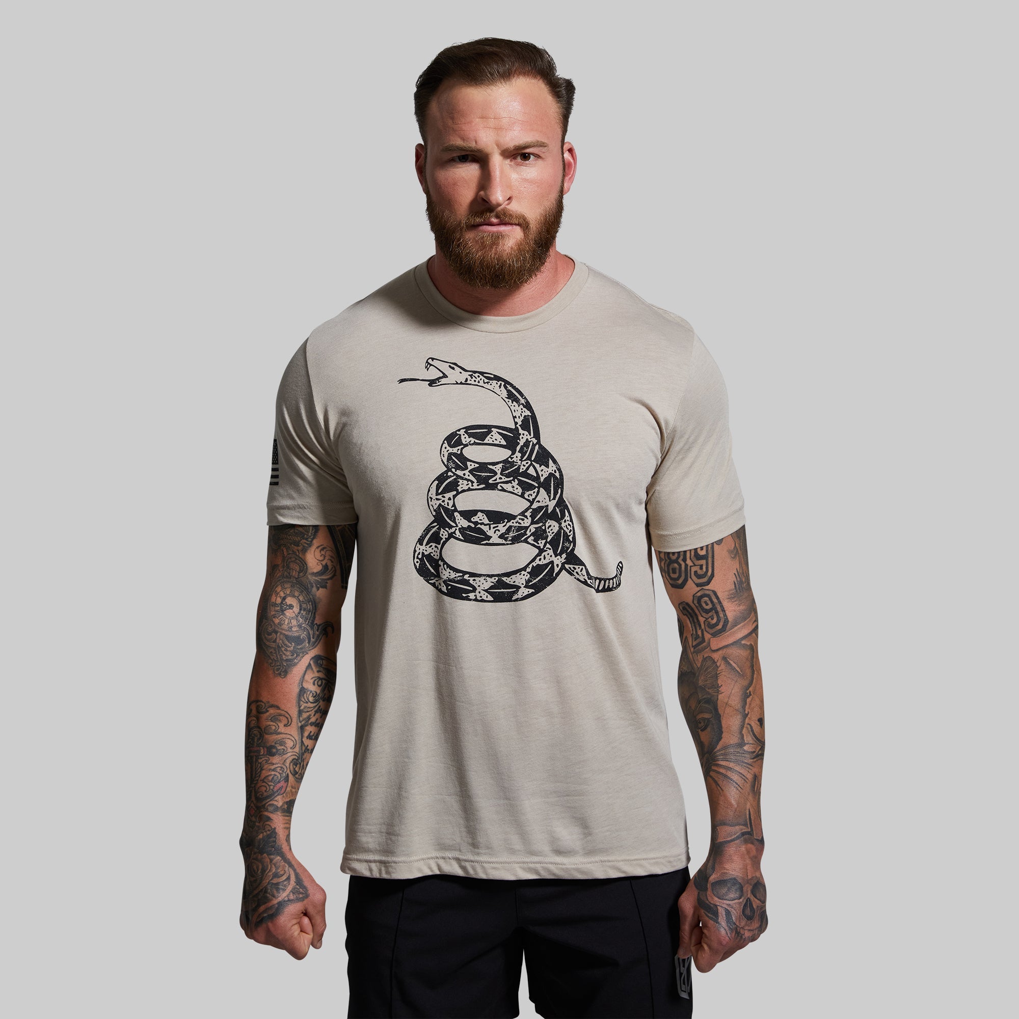 Gadsden Flag T-Shirt (Tan) - American Revolutionary Style Cotton Tee for Patriotic Events, Political Rallies & Casual Wear