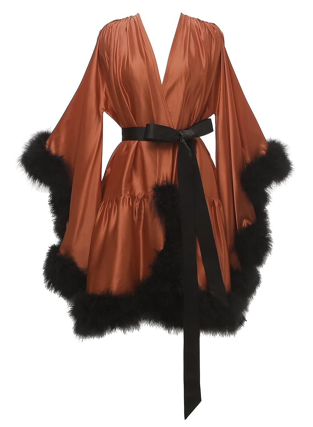 Yexinbridal Feather Trim Silk Satin Bridal Robe - Sexy Lingerie Nightgown & Bathrobe for Women - Burnt Orange & Black - S/M Size - Perfect for Wedding Night, Honeymoon, Boudoir Photos & Relaxing at Home