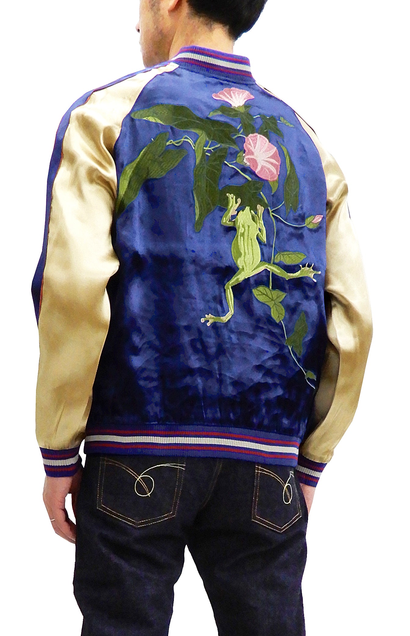 Japanese Souvenir Jacket for Men - Navy Blue/Beige Sukajan Bomber with Tree Frog Design | Vintage-Inspired Asian Fashion | Perfect for Streetwear, Cosplay & Casual Outfits
