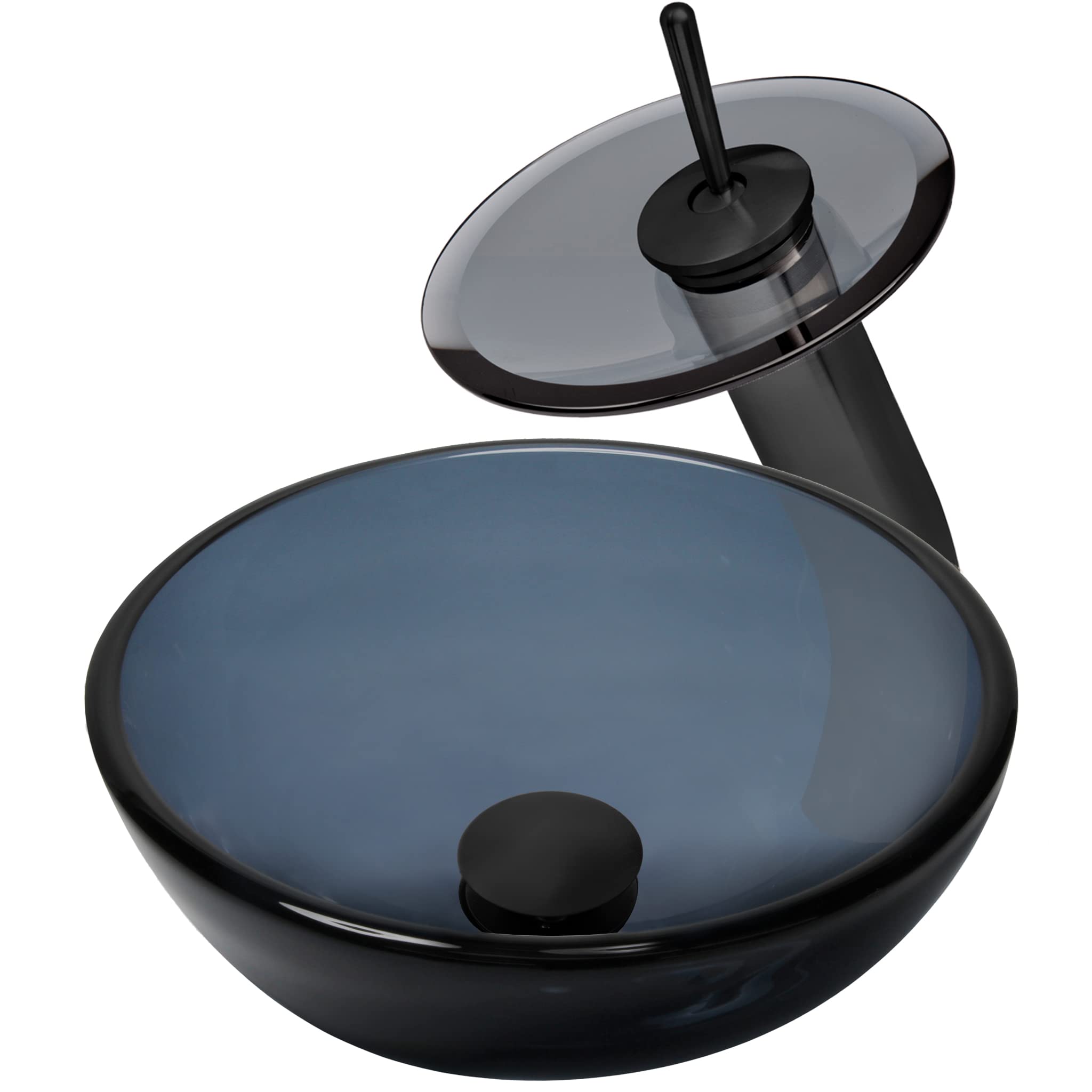 Novatto NERA Matte Black Glass Vessel Bathroom Sink Set - Modern Above Counter Basin for Powder Room, Guest Bath & Master Bathroom Vanity