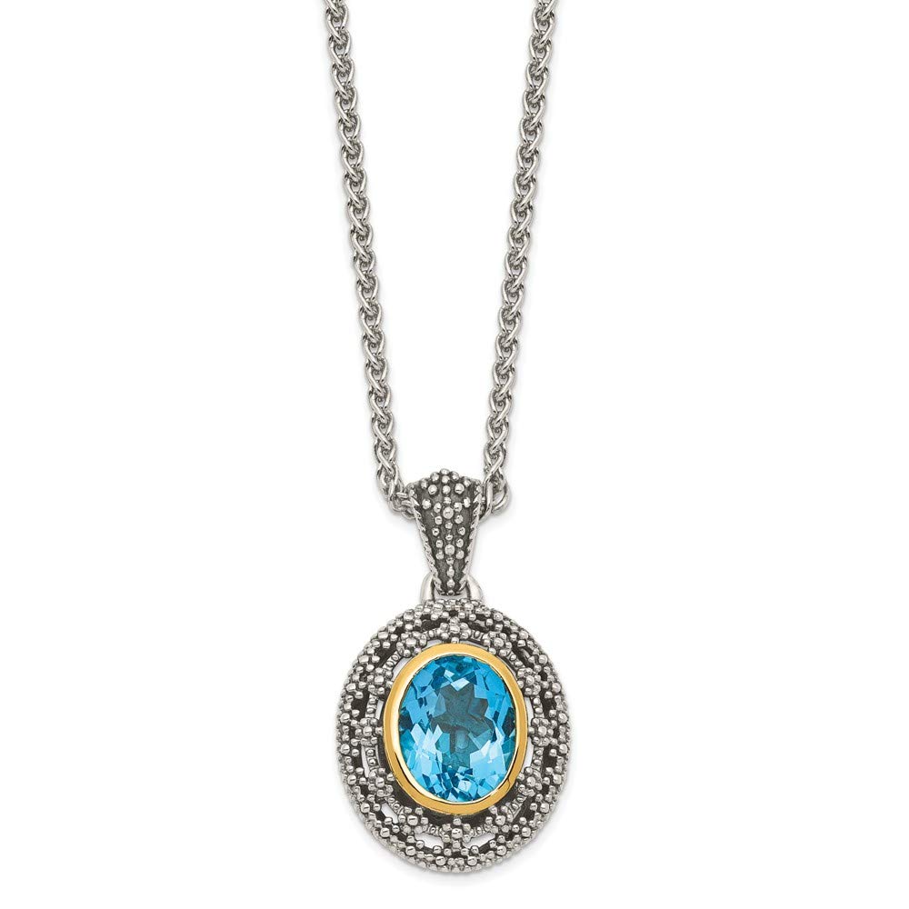 925 Sterling Silver 14k Yellow Gold Accent Swiss Blue Topaz Oval Pendant Necklace for Women - 18