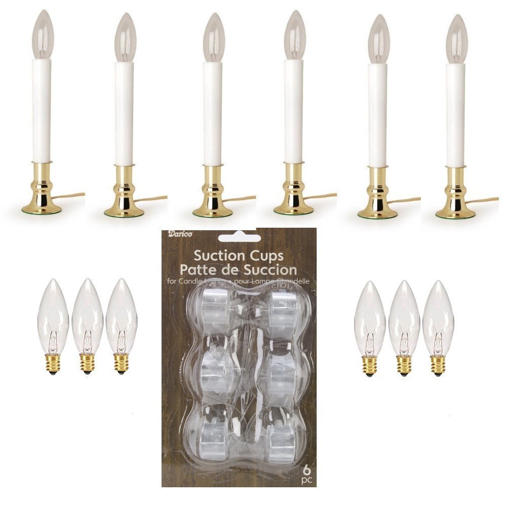 Darice 6206 Brass Plated Candle Lamp with On/Off Sensor - 6 Pack Electric Window Candles with Suction Cup Holders & Replacement Bulbs - Perfect for Home Decor, Wedding Centerpieces, and Holiday Lighting