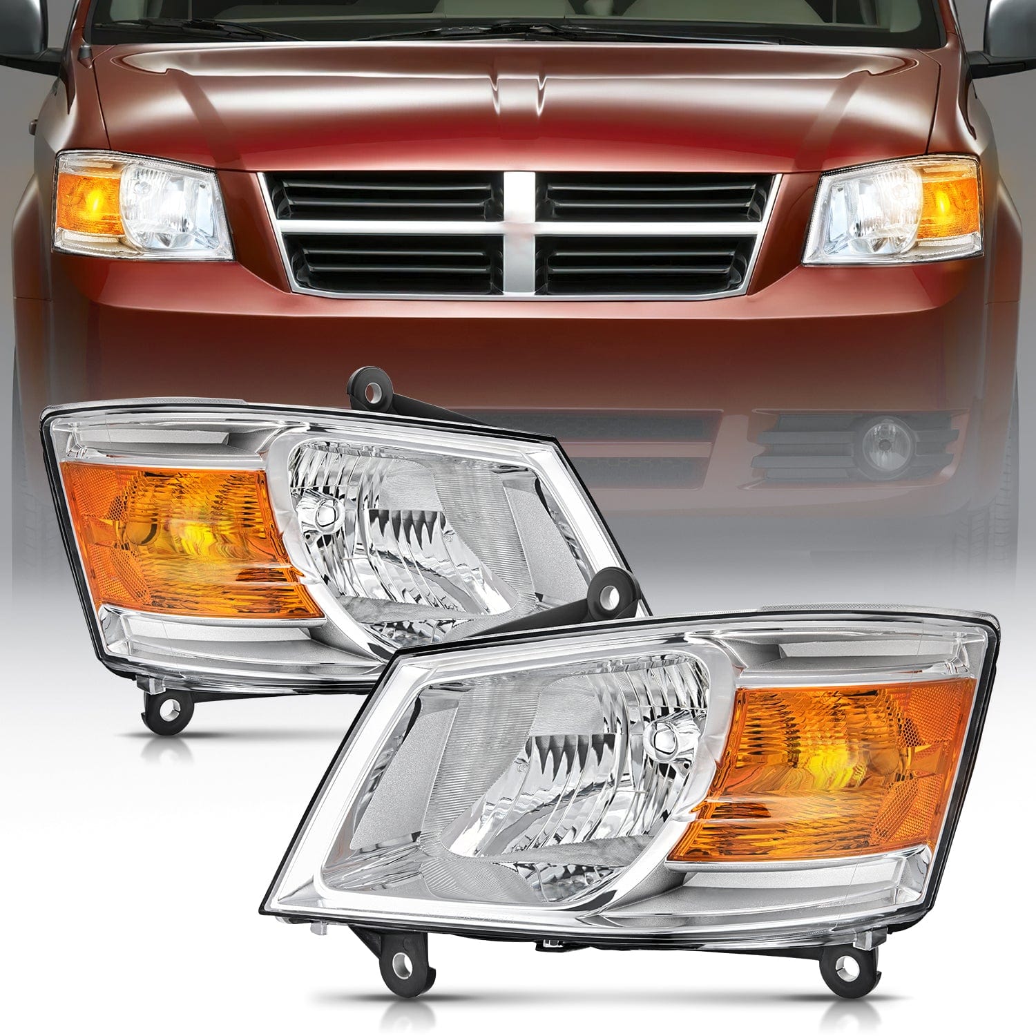2008-2010 Dodge Grand Caravan Headlight Assembly - Chrome Housing with Amber Reflector - Replacement for Daytime & Night Driving Safety