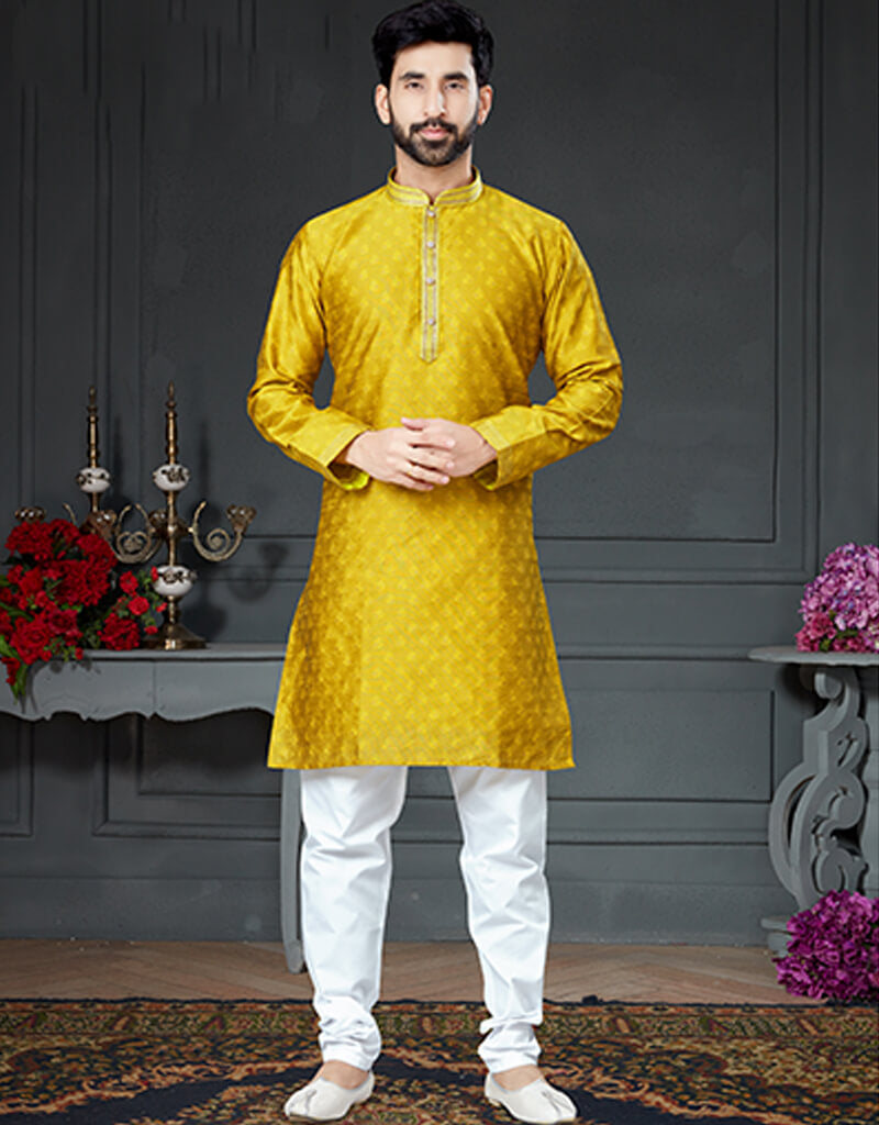 Bright Yellow Silk Kurta with Woven Chudidar - Elegant Indian Ethnic Wear for Festivals & Weddings