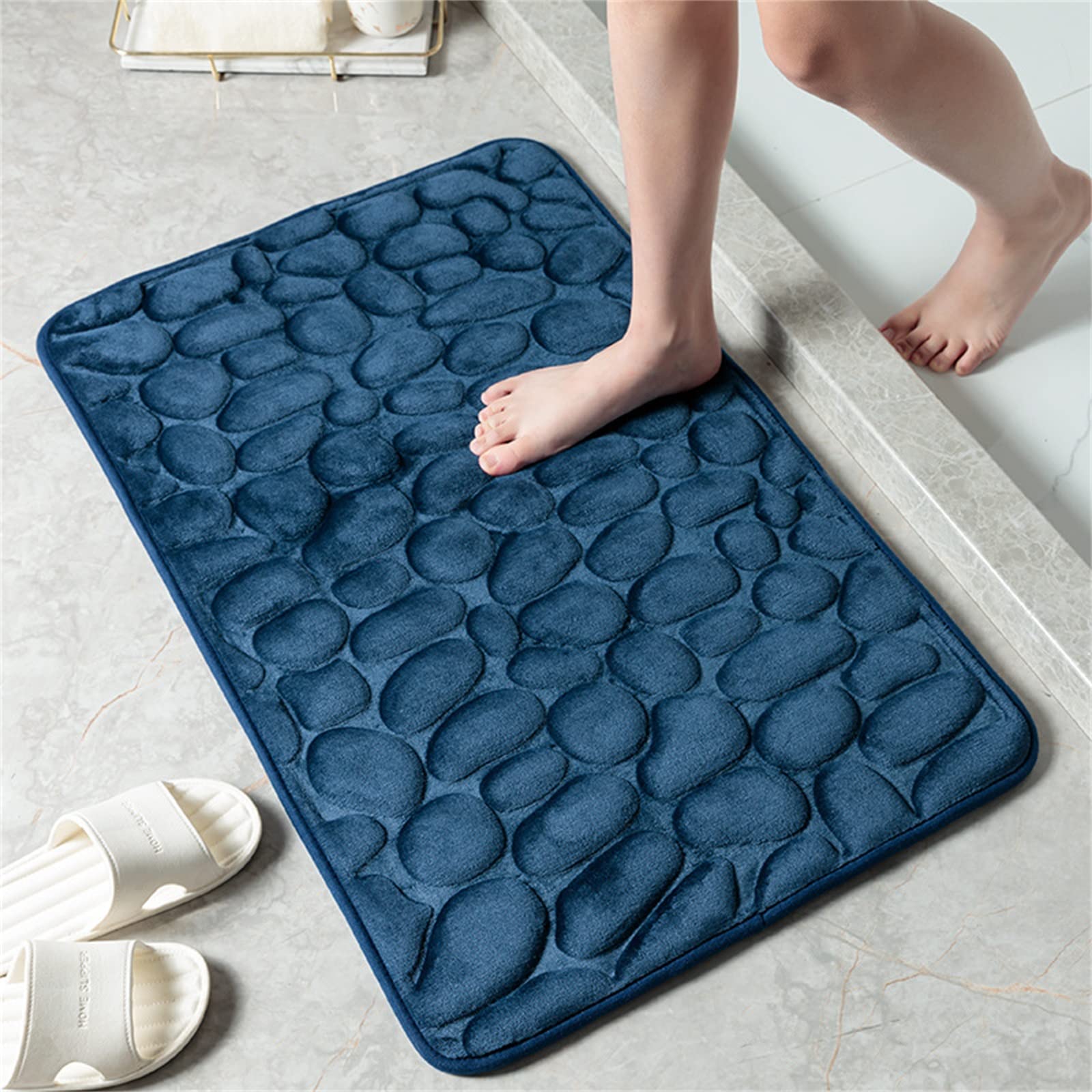Premium Memory Foam Bath Mat - Super Absorbent Non-Slip Cobblestone Design Bathroom Rug (40x60cm, Deep Blue) | Machine Washable & Quick Dry for Bathroom, Kitchen & Doorway Safety
