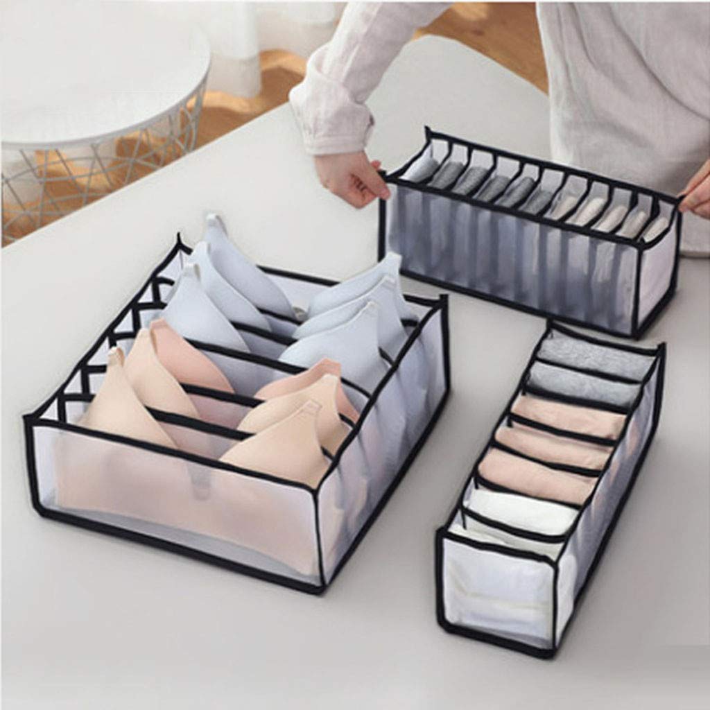 3-Pack Underwear Storage Box Set with Compartments - Foldable Nylon Drawer Organizer for Bras, Socks, Underwear & Ties - Closet & Dresser Organization Solution (Black) | Perfect for Bedroom, Closet & Travel Storage