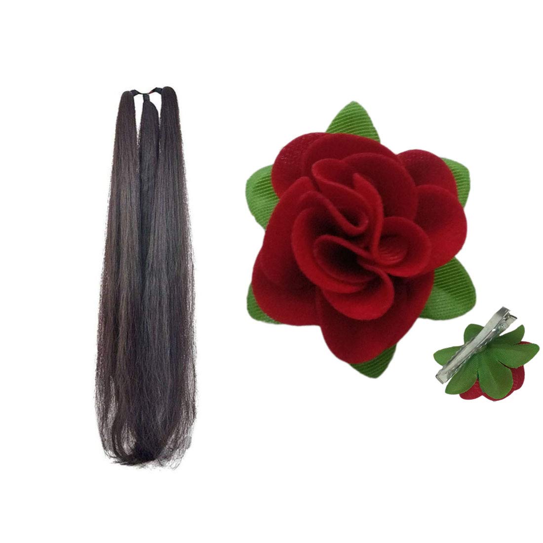 VinshBond 24-Inch Black Hair Parandi with Fabric Red Rose Flower Hair Clip - Indian Hair Accessories for Festivals, Weddings & Special Occasions