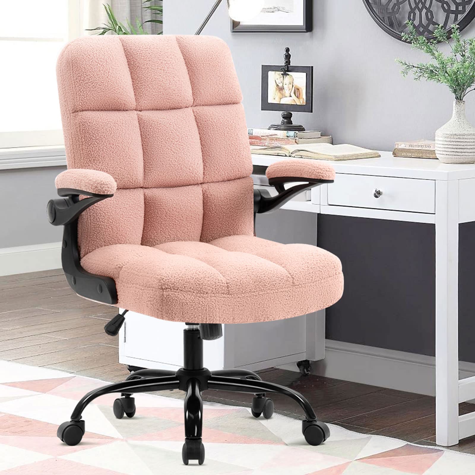SEATZONE Pink Faux Fur Office Chair with Flip-Up Armrests, Adjustable Tilt & Wheels - Ergonomic Rolling Desk Chair for Home Office, Gaming & Study - Soft Fuzzy Computer Chair for Comfort & Style