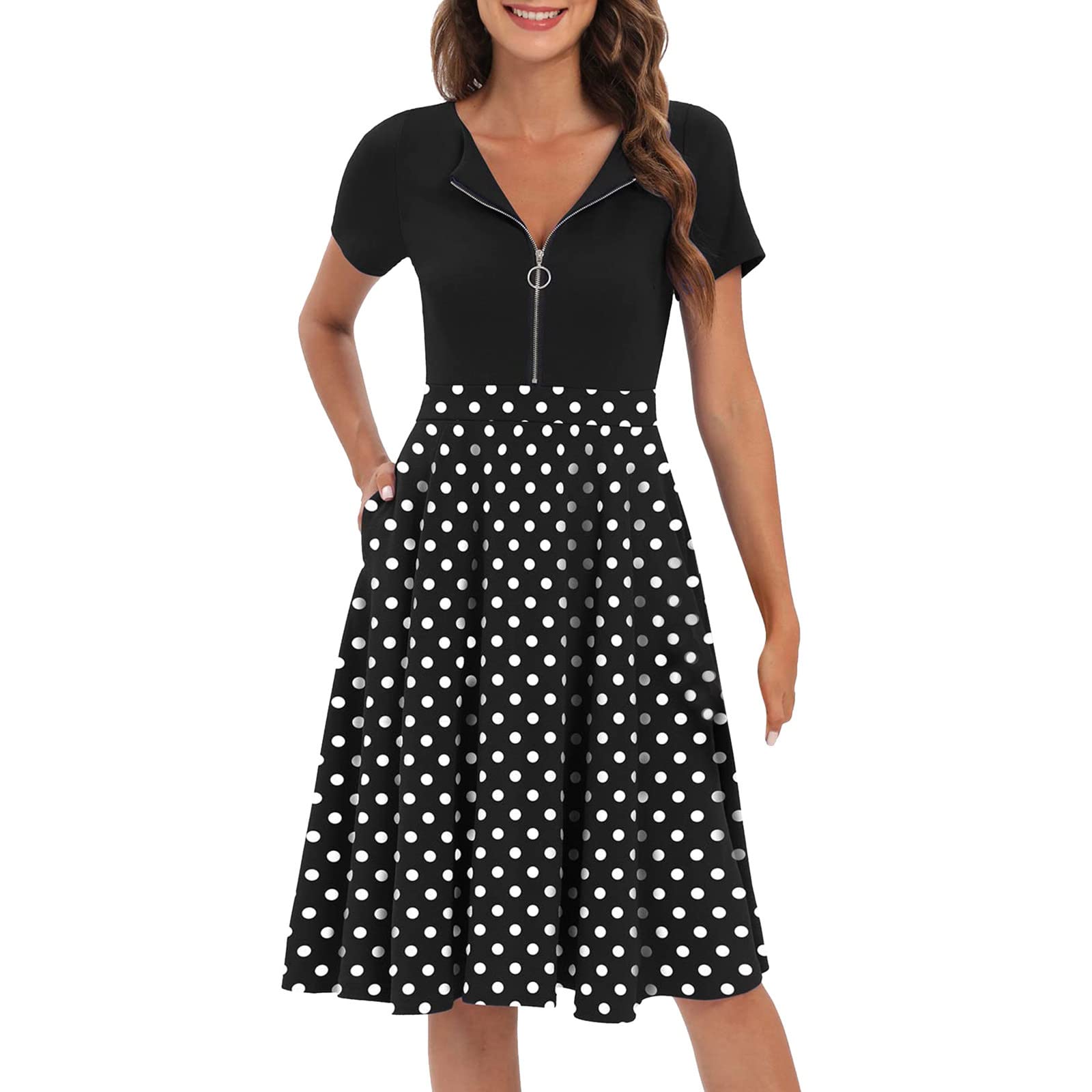 Floral Print Flared Midi Dress with Pockets - Women's Swing Party Dress with Zipper for Summer | Perfect for Weddings, Beach Vacations & Casual Outings