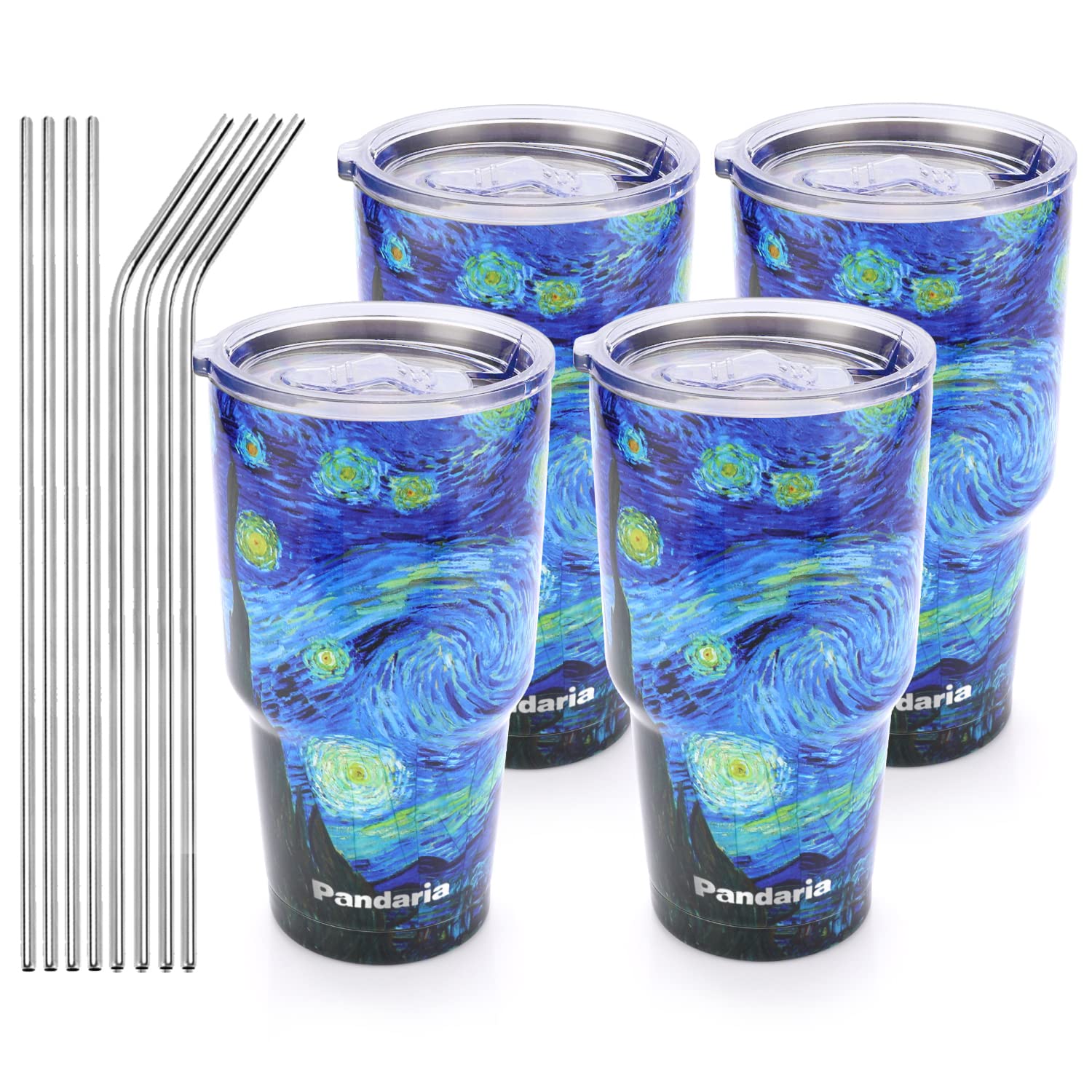 Pandaria 30oz Stainless Steel Tumbler 4 Pack - Insulated Travel Coffee Mug with Lid & Straw - Leakproof Reusable Cup for Hot/Cold Drinks - Perfect for Office, Gym, Camping & Road Trips - Starry Night Design