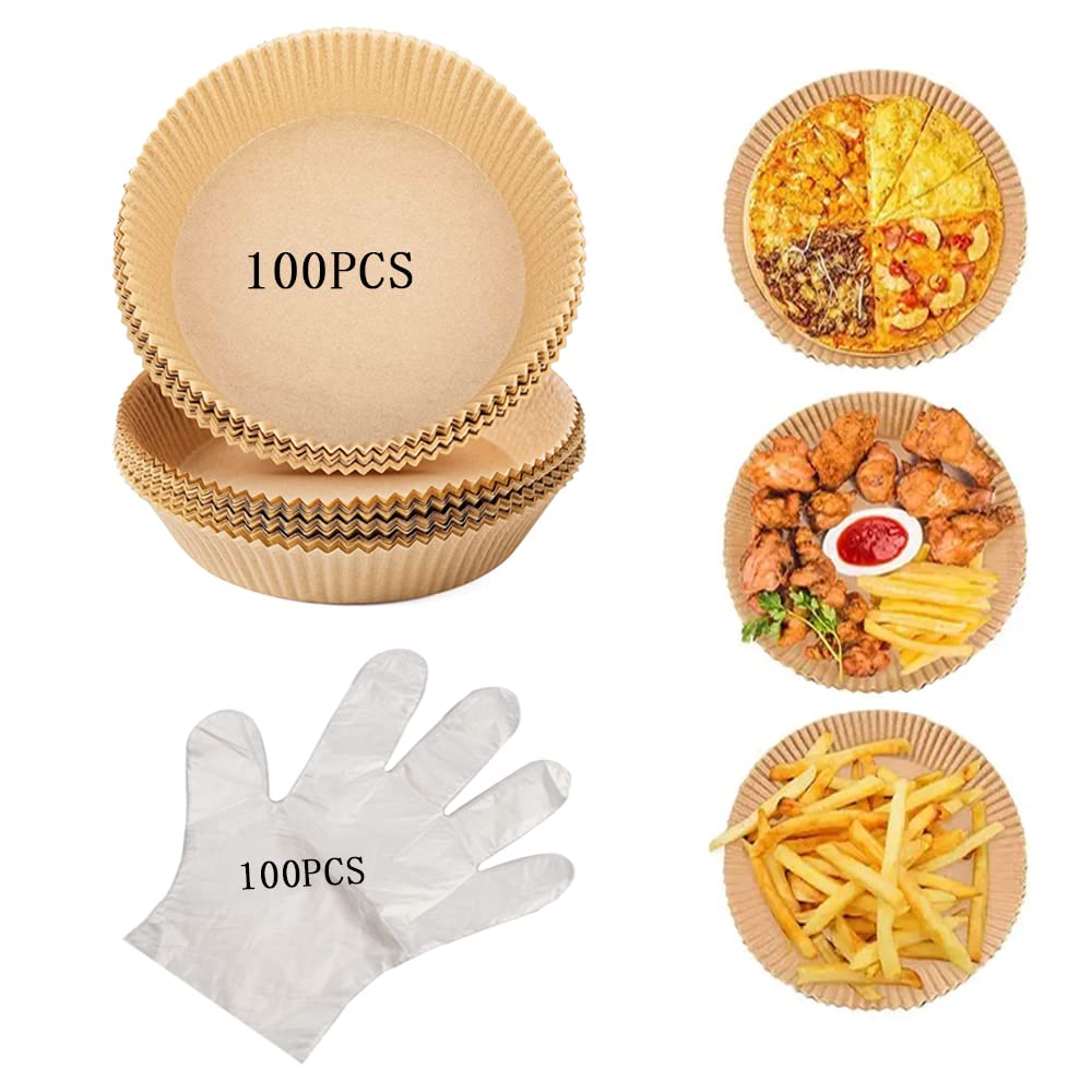 100Pcs Non-Stick Air Fryer Parchment Paper Rounds 6.3 Inch - Disposable Baking Sheets for Oven, Microwave & Frying Pan - Includes 100 Gloves for Safe Cooking & Baking - Perfect for Air Fryers, Roasting & Meal Prep