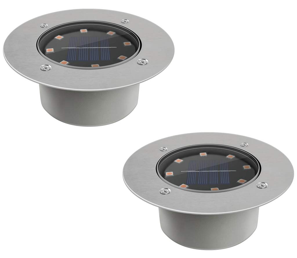 8 LED Solar Ground Lights - Waterproof Outdoor Disk Lights for Garden, Lawn, Yard, Walkway, Pool, Patio & Pathway - Warm White Aluminum Casting Shell (Pack of 2) - Perfect for Nighttime Landscape Lighting and Safety Illumination