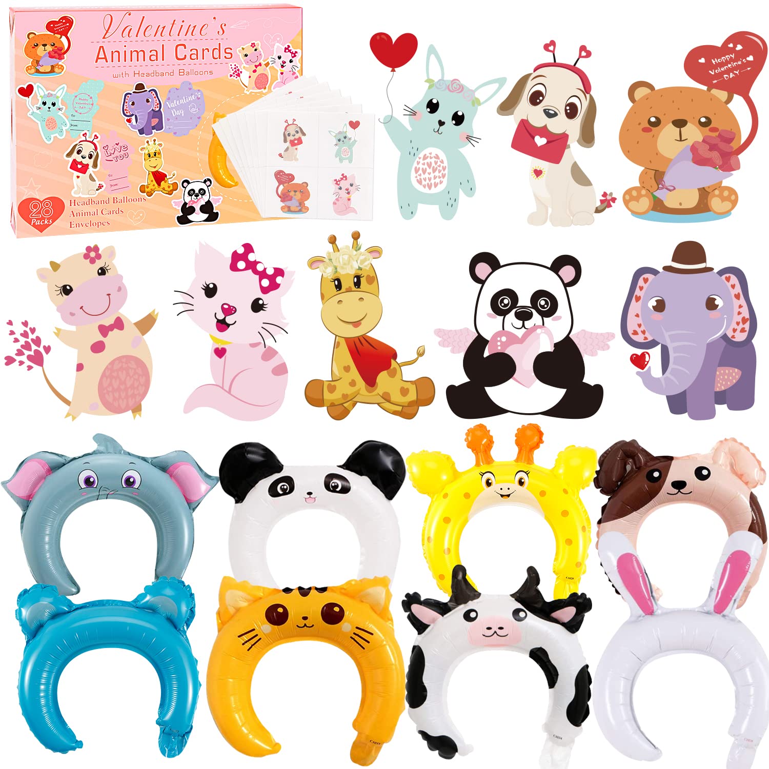 Valentine's Day Cards for Kids - 28 Animal Greeting Cards with Inflatable Headbands, Gift Envelopes & Tattoos | Classroom Exchange Cards for Boys & Girls | Perfect for School Valentine's Parties & Gift Exchanges