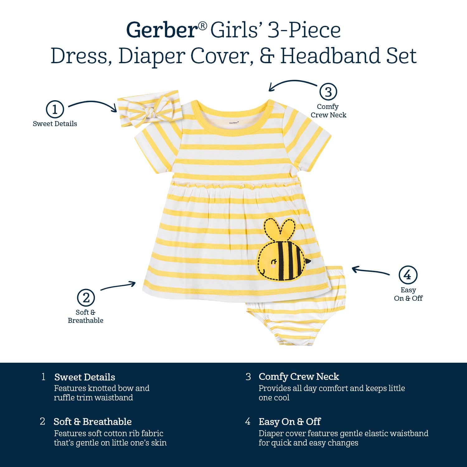 3 Piece Toddler Girls Bee Garden Dress Set with Diaper Cover & Headband - Adorable Floral Outfit for Baby Shower, Birthday Party & Spring Photoshoot