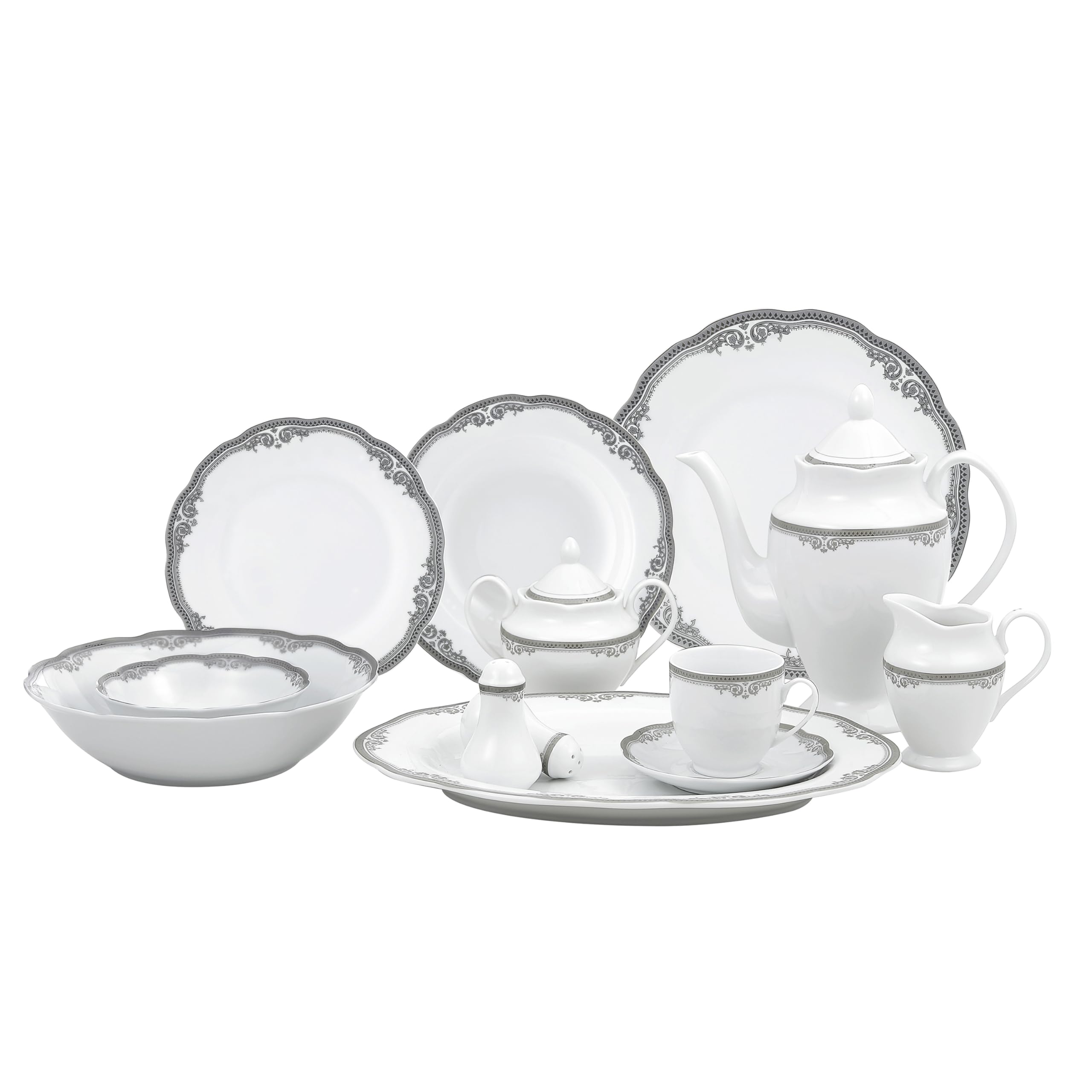 Lorenzo Import Elizabeth 57-Piece Wavy Porcelain Dinnerware Set - Elegant Dinner Plates, Bowls & Cups for Formal Dining, Wedding, Restaurant & Home Use