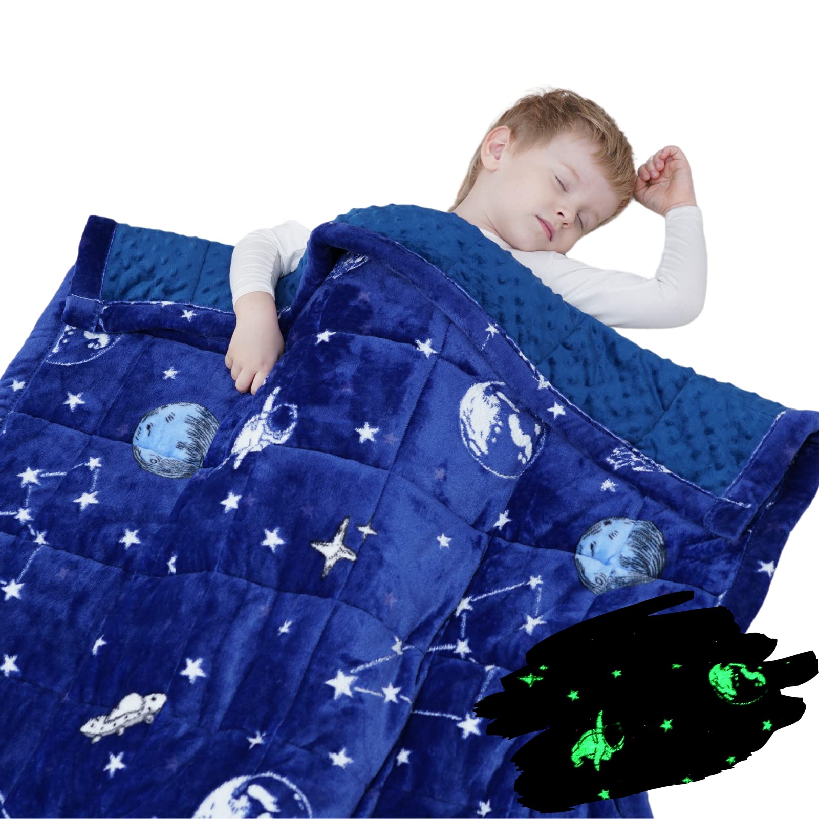 Glow in The Dark Weighted Blanket for Kids - 5lb Soft Minky Plush Blanket, Blue Space Design - Perfect for Calming Anxiety, Sensory Needs & Better Sleep for Children with Autism, ADHD or Anxiety Disorders