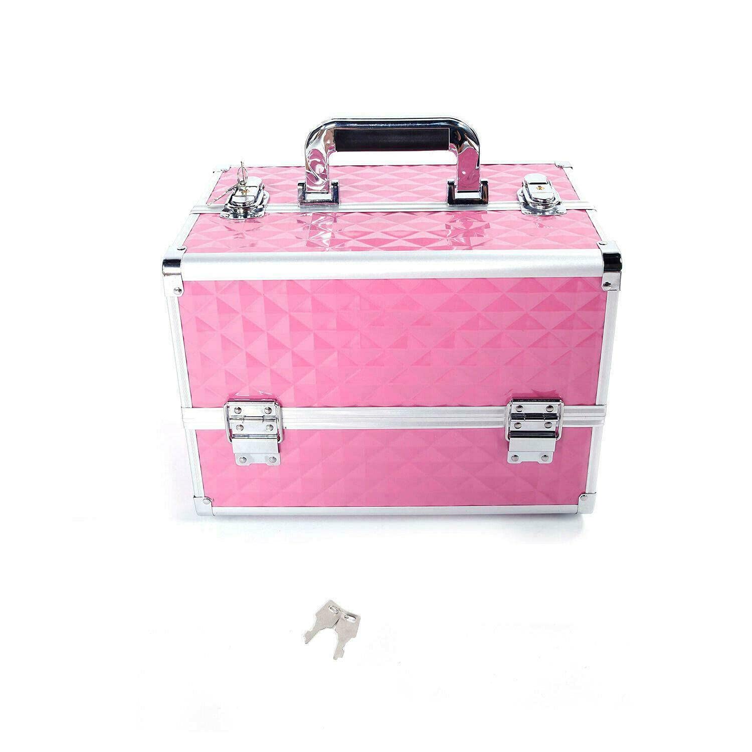 Portable Makeup Case with Lock & 2 Keys - Pink Cosmetic Organizer for Jewelry & Beauty Products | Travel Makeup Bag, Bathroom Storage & Display Case for Home & Salon Use