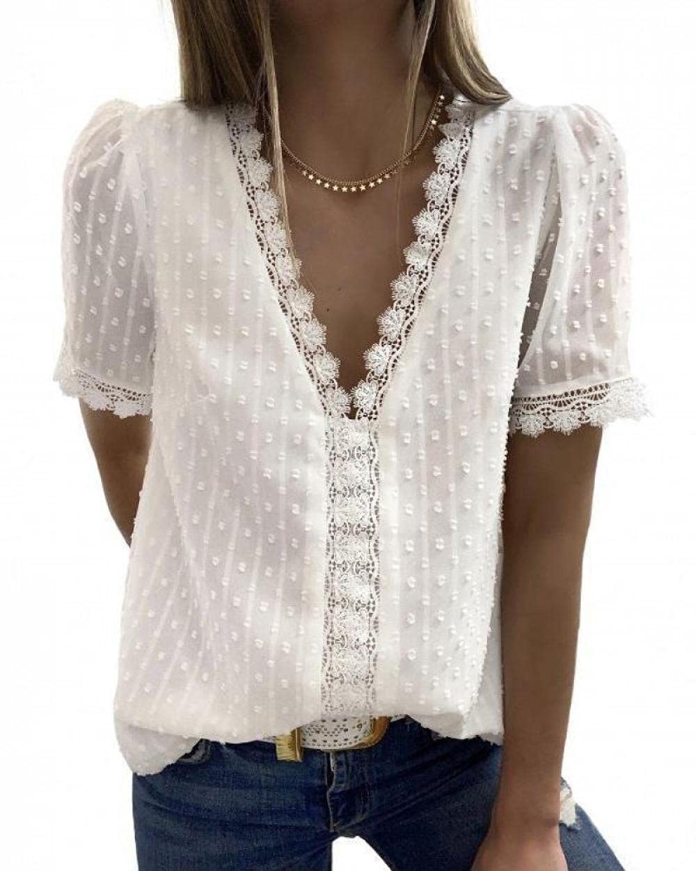 2021 Summer Women's Chiffon Short Sleeve V-Neck Blouse - Solid White T-Shirt Top for Casual Wear, Office & Date Night Outfits