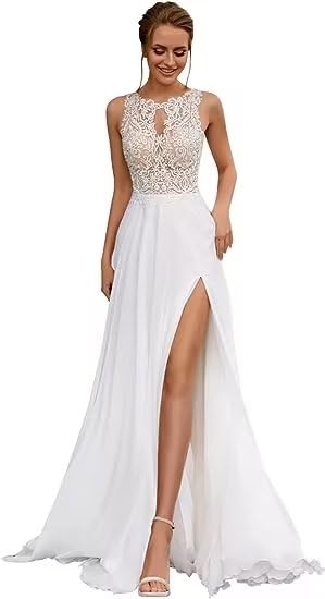 Elegant Lace Applique Wedding Dress - Halter Neck Chiffon Bridal Gown A-Line Floor Length with High Slit | Perfect for Beach Weddings, Garden Ceremonies & Romantic Vows