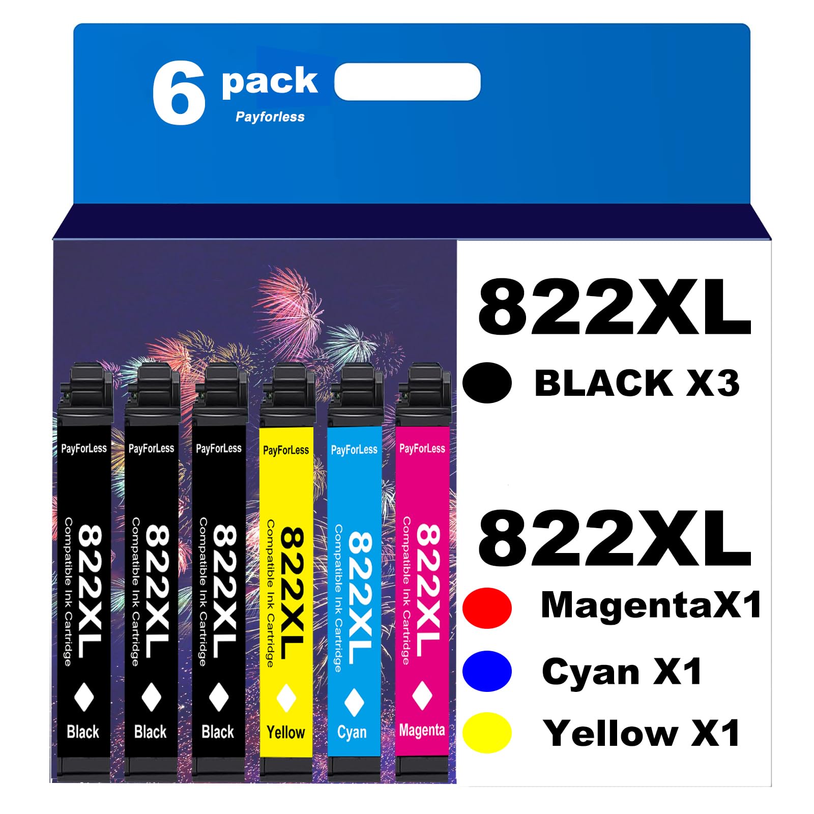 Epson 822XL Remanufactured Ink Cartridges (6-Pack) - Compatible with Epson Workforce Pro WF-3820 WF-4820 WF-4830 WF-4833 WF-4834 Printers - Includes 3 Black, Magenta, Cyan & Yellow - Perfect for Home Office Printing & Small Business Documents