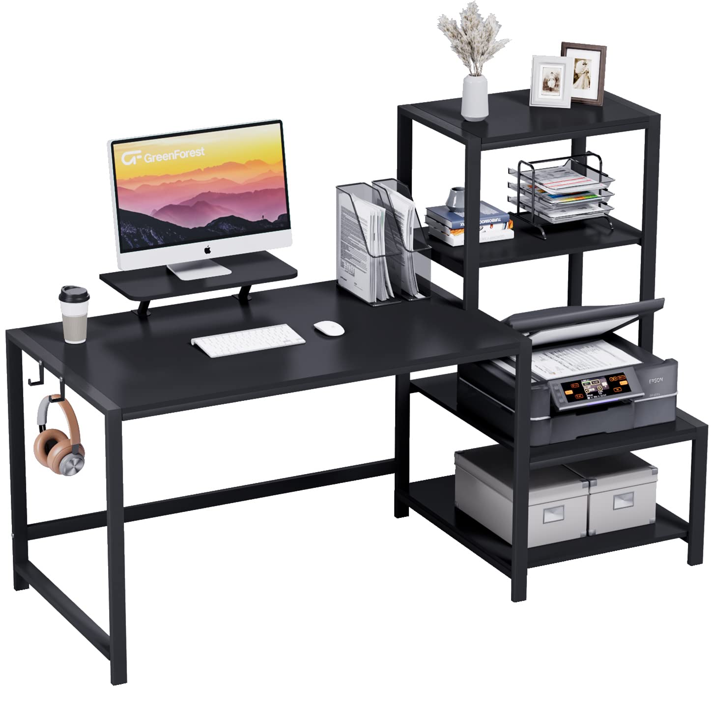 GreenForest 59-inch Computer Desk with Storage Shelf, Reversible Writing Table, Movable Monitor Stand & Headphone Hooks - Home Office, Gaming & Workstation Setup (Black)