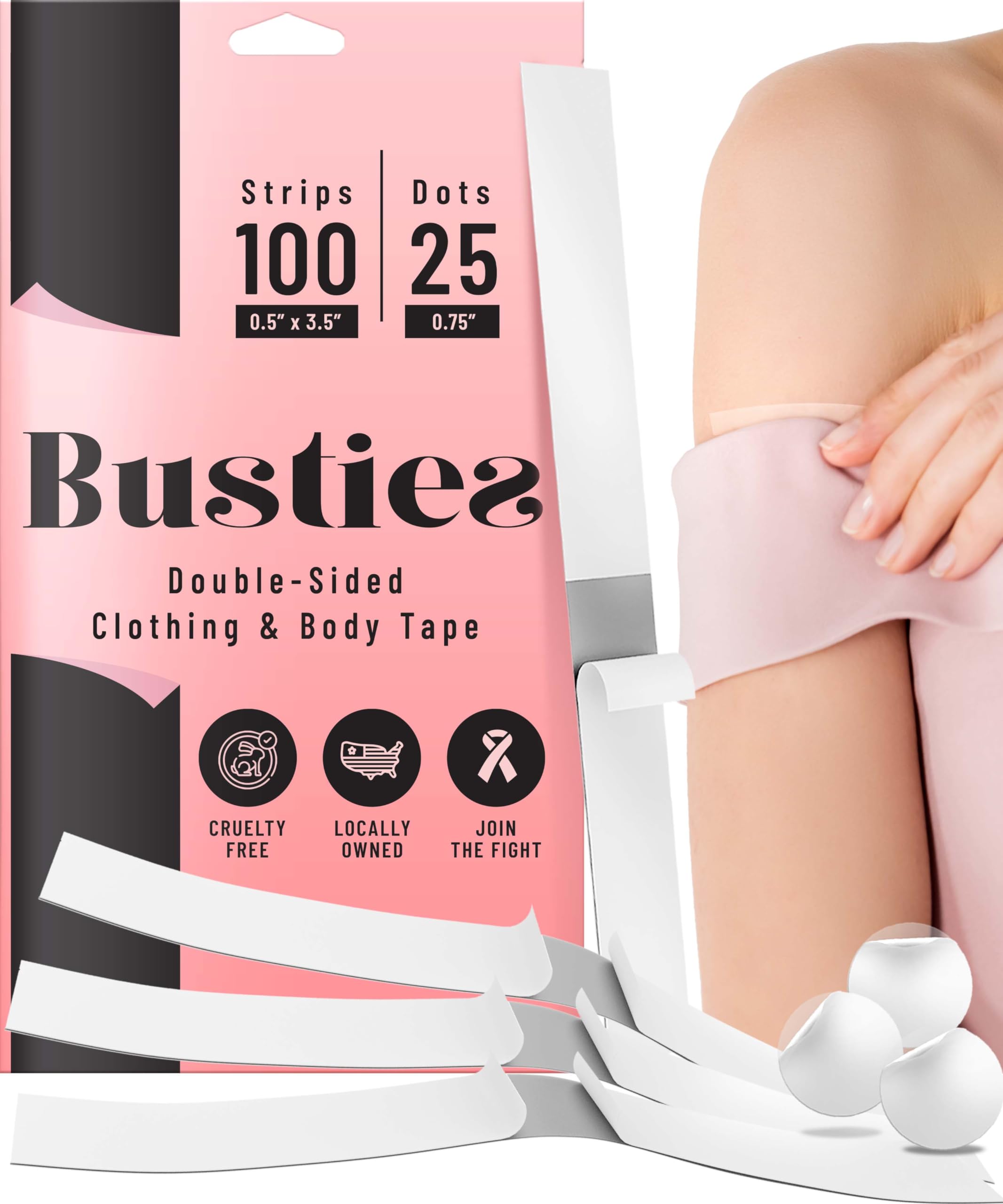 Fabric Tape for Clothes - 100 Strips & 25 Dots | Double Sided Hem Tape, Body Tape, Bra Tape for Skin | Secure Dress & Clothing | Perfect for Wardrobe Fixes, Strapless Outfits & Fashion Emergencies