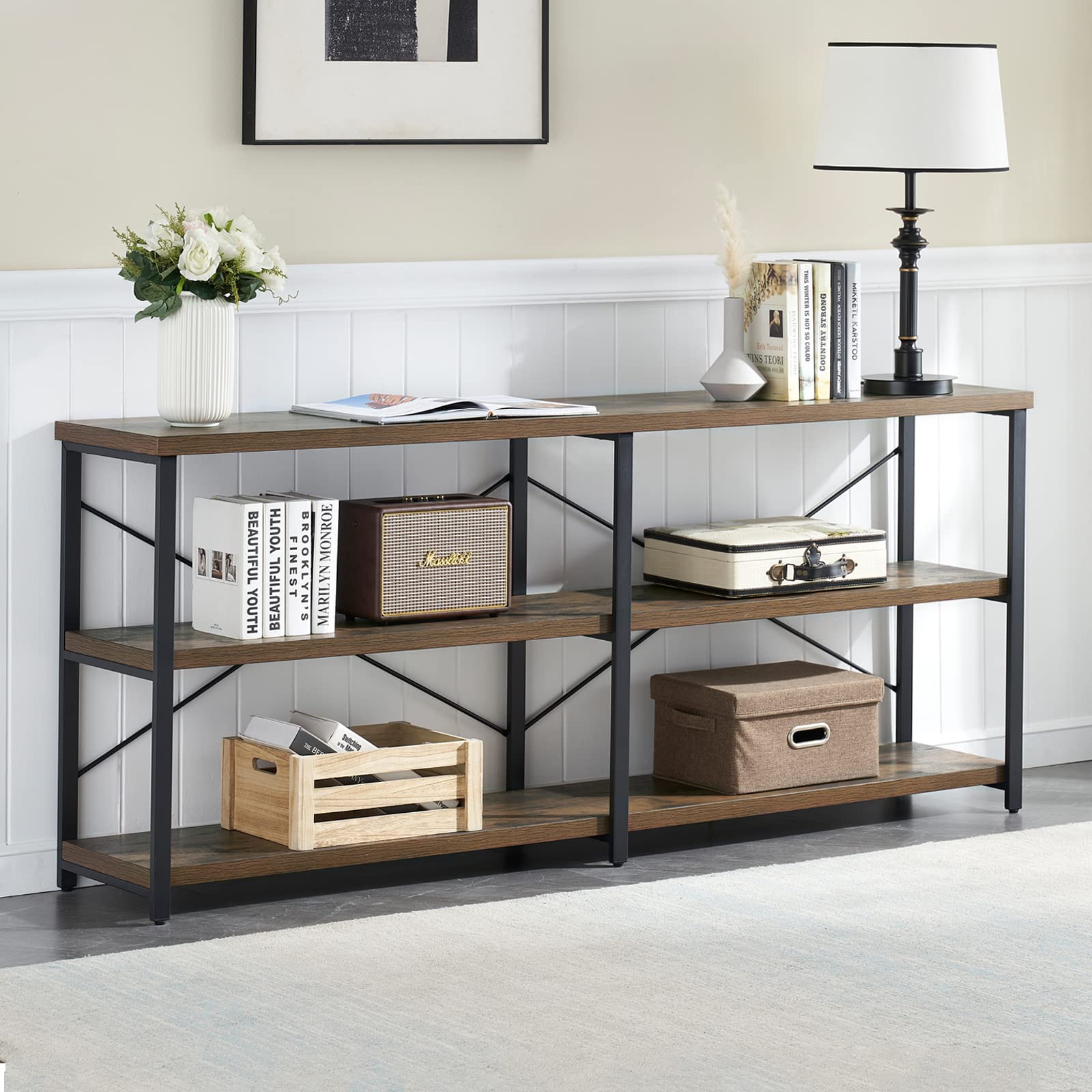 71 Inch Rustic Brown Console Table with Storage Shelf - Wood & Metal Sofa Table for Living Room, Entryway, Hallway | Perfect for Home Decor, Small Space Storage & Displaying Decor Items
