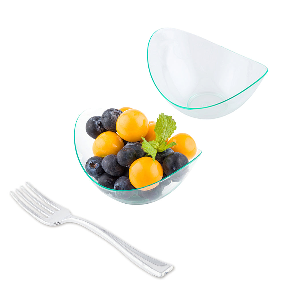 100-Pack 2 oz Oval Seagreen Plastic Tasting Dishes with 100 Silver Mini Forks - Perfect for Wine Tasting, Appetizers, and Party Catering