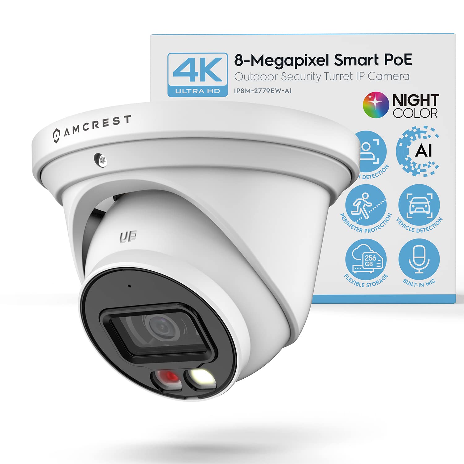 Amcrest UltraHD 4K (8MP) Outdoor Security Camera with AI Human Detection, 49ft Night Color Vision, Built-in Mic, PoE, 129° FOV - Ideal for Home & Business Surveillance, Weatherproof IP8M-2779EW-AI (White)