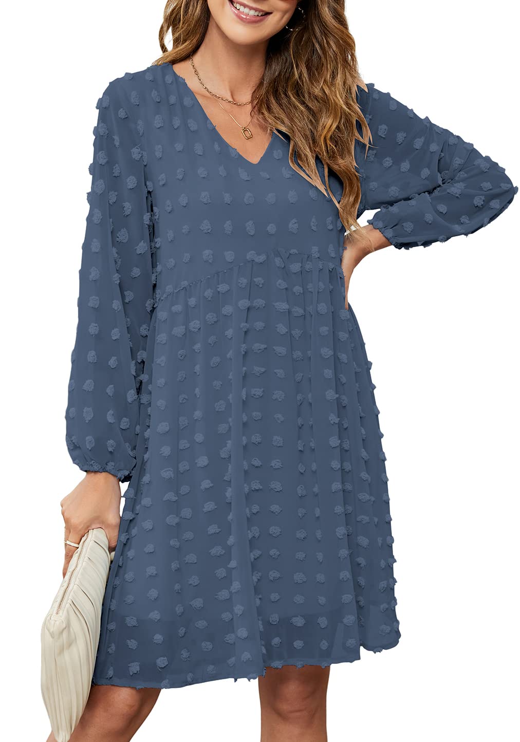 OURS Women's Summer Short Sleeve Flowy Mini Dress - V Neck Sexy Loose Swiss Dot Casual Sundress | Perfect for Beach Vacations, Date Nights & Summer Parties