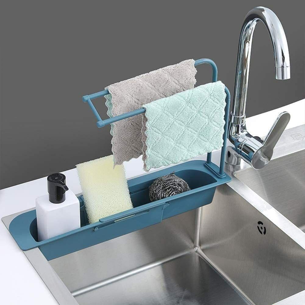 Expandable Plastic Sink Shelf - Telescopic Kitchen Drying Rack with Sponge Holder & Soap Drainer | Space-Saving Sink Organizer for Dishes, Utensils, Brushes | Perfect for Small Kitchens, Apartments, RVs