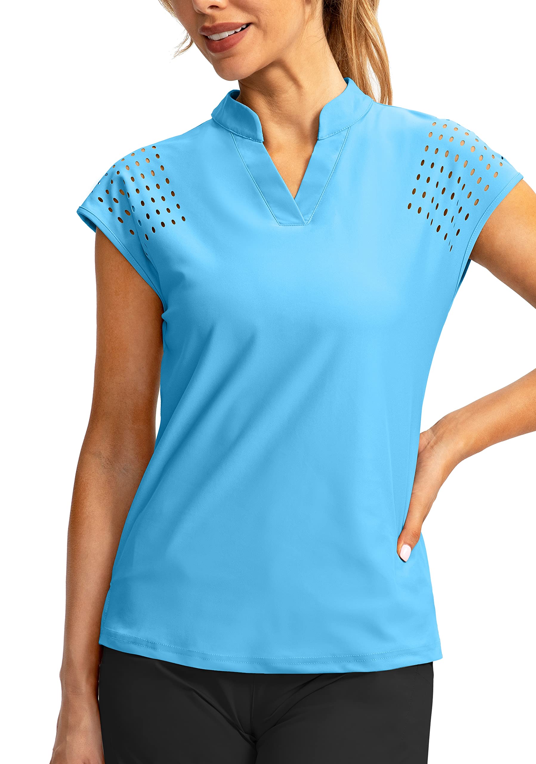Soothfeel Women's Lightweight Quick-Dry Golf Polo Shirt - V-Neck Cap Sleeve Tennis Top for Workout & Outdoor Sports | Moisture-Wicking Activewear for Golf, Tennis & Gym