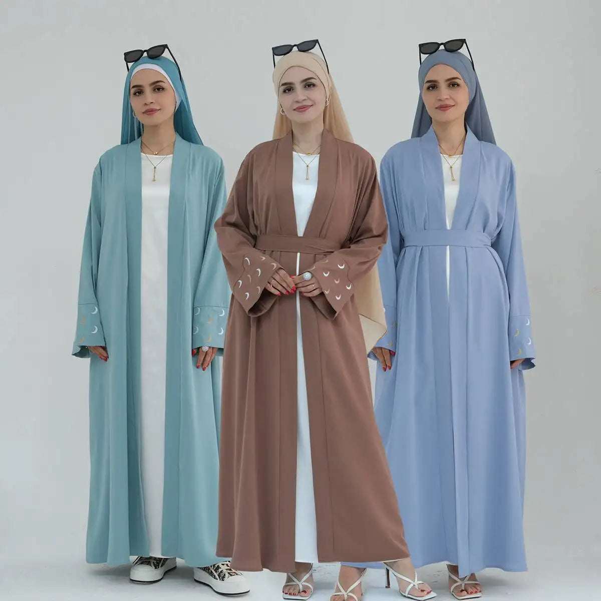 Elegant Muslim Women's Nida Moon Embroidery Open Abaya Dress - Modest Islamic Prayer Dress for Mosque & Special Occasions
