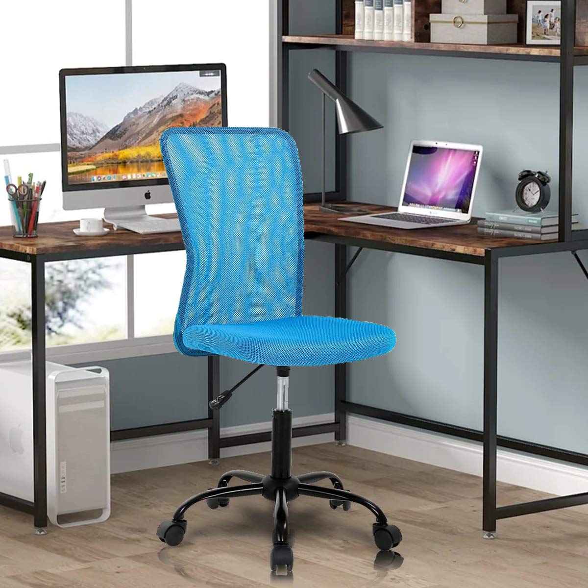 Ergonomic Mesh Office Chair - Adjustable Armless Computer Desk Chair with Swivel & Rolling Wheels for Home Office, Working & Meetings - Blue (Ideal for Small Spaces & Long Hours)