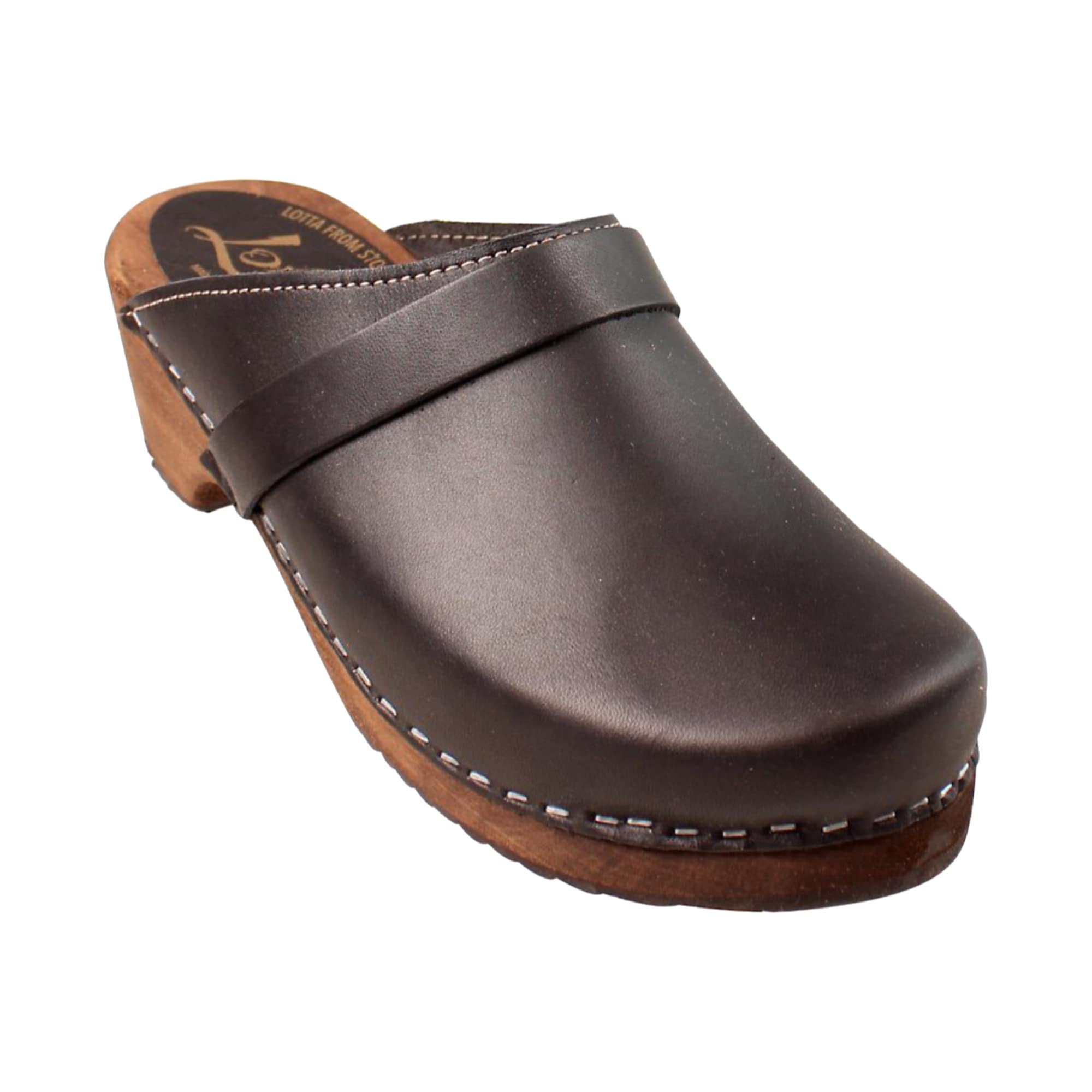 Swedish Classic Clog Mule for Women - Handmade Wooden Clogs with Low Heel & Genuine Leather | Comfortable Brown Alder Wood Base | Slip-On Design | Perfect for Casual Wear, Gardening, and Indoor/Outdoor Use