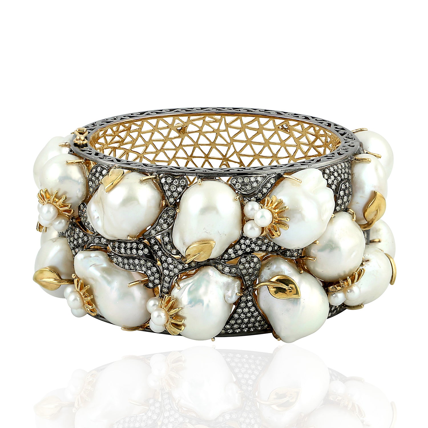 Baroque Pearl Pave Diamond & Sapphire Bangle Bracelet - 925 Sterling Silver Gold Plated Jewelry for Women, Gift for Anniversary, Wedding, Party