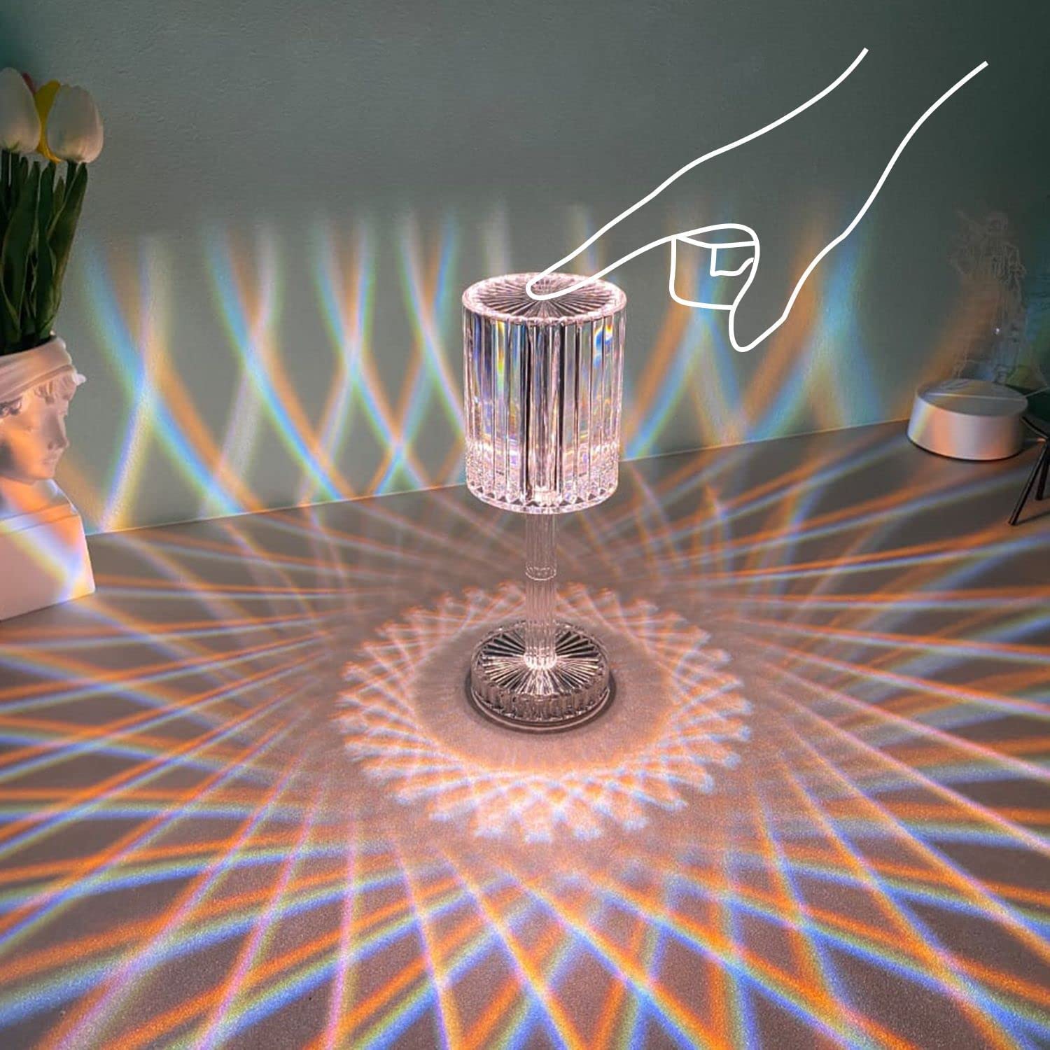 Gatsby Crystal Lamp - Touch Control, 3-Way Dimmable Cordless Table Lamp for Bedroom & Living Room | Decorative Nightstand & Bedside Lighting | Perfect for Reading, Relaxing & Home Decor (White)