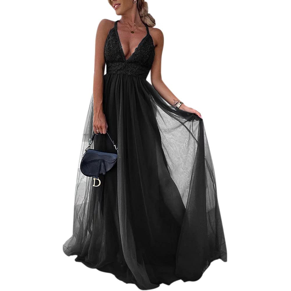 ElenaDressy Elegant V-Neck Lace Appliques Backless Bridesmaid Dress - Flowy Tulle Formal Gown for Wedding Guest, Evening Party & Special Occasions