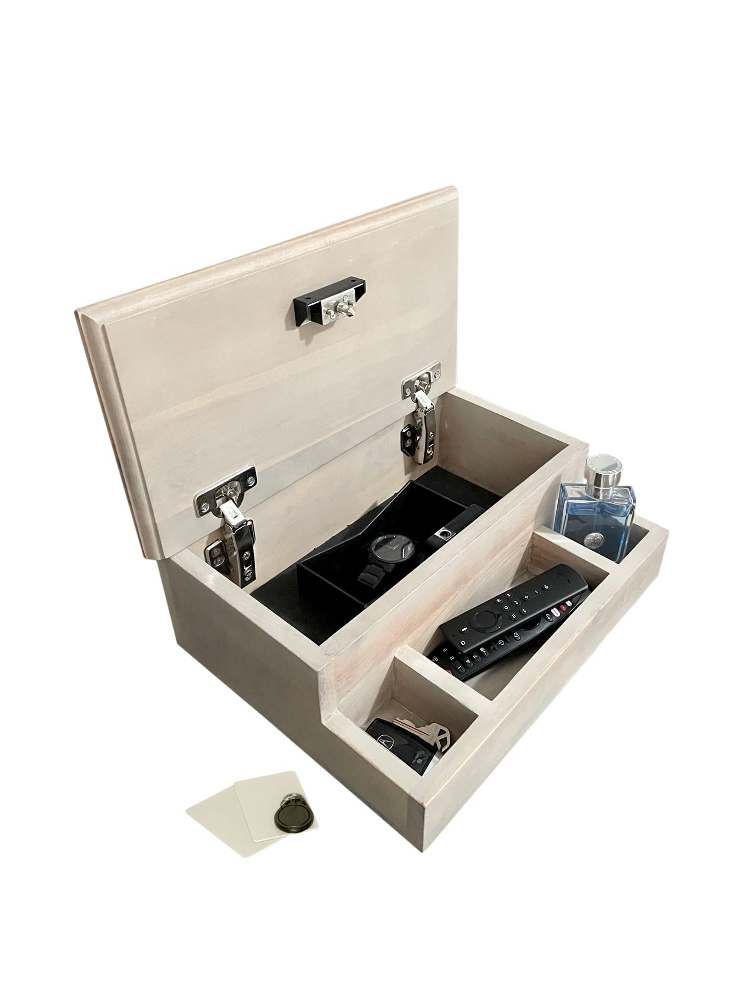 Guard The Line Concealed Catch-All Valet Tray Organizer - RFID Lock Box for Jewelry & Watches - EDC Tray in Whitewashed Wood - Perfect for Nightstand, Dresser & Travel Organization