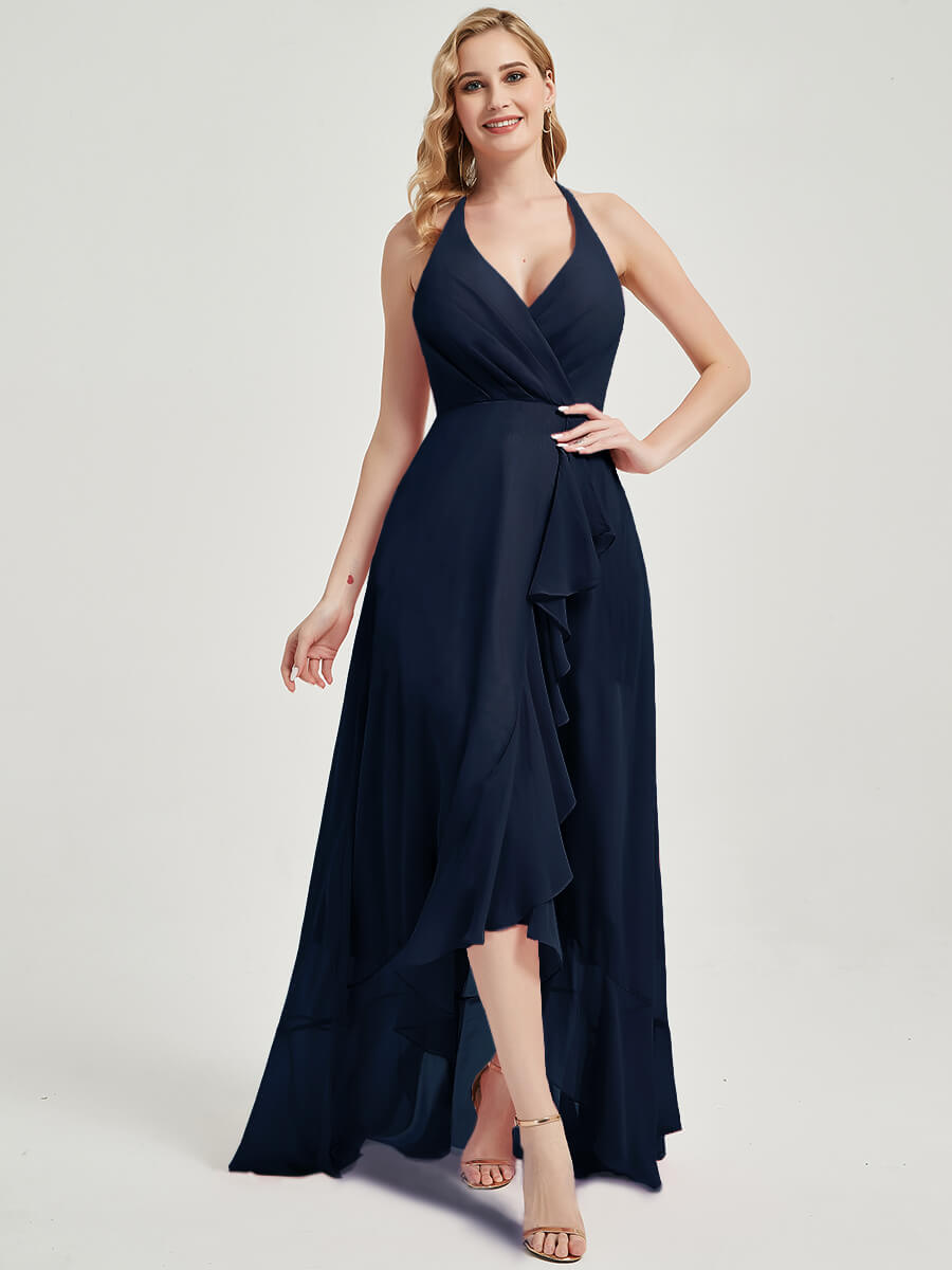Elegant Dark Navy Halter V-Neck Backless High-Low Chiffon Bridesmaid Dress for Weddings & Formal Events