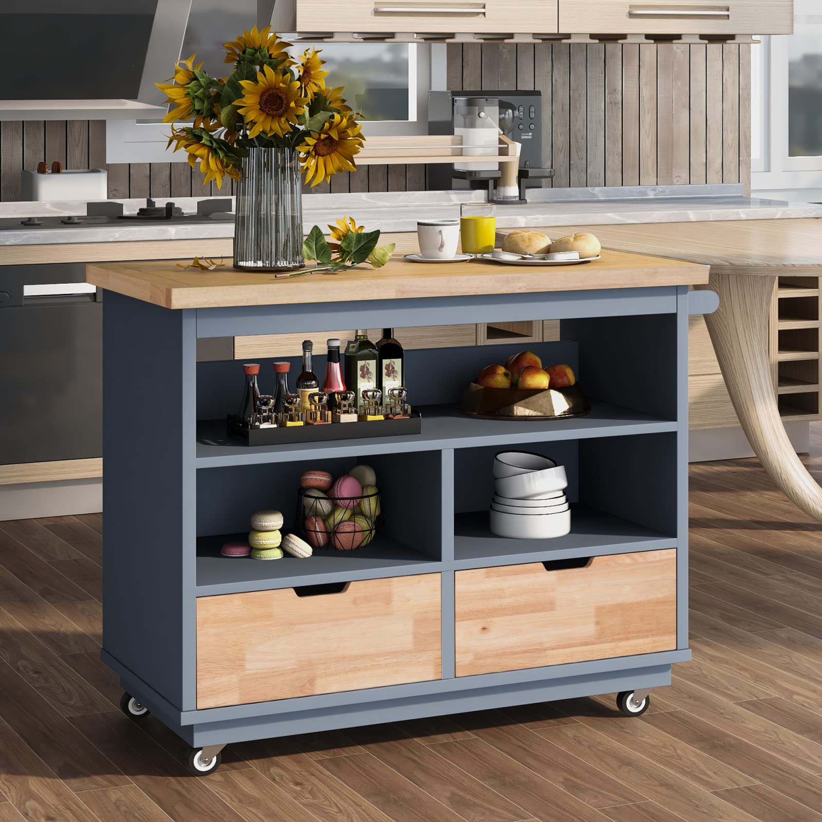 2-Sided Rolling Kitchen Island Cart with Storage - Solid Wood Desktop, 2 Drawers, Spice Rack & Wine Rack - Mobile Kitchen Organizer for Cooking, Dining & Entertaining - Blue Sideboard Microwave Cart for Small Spaces
