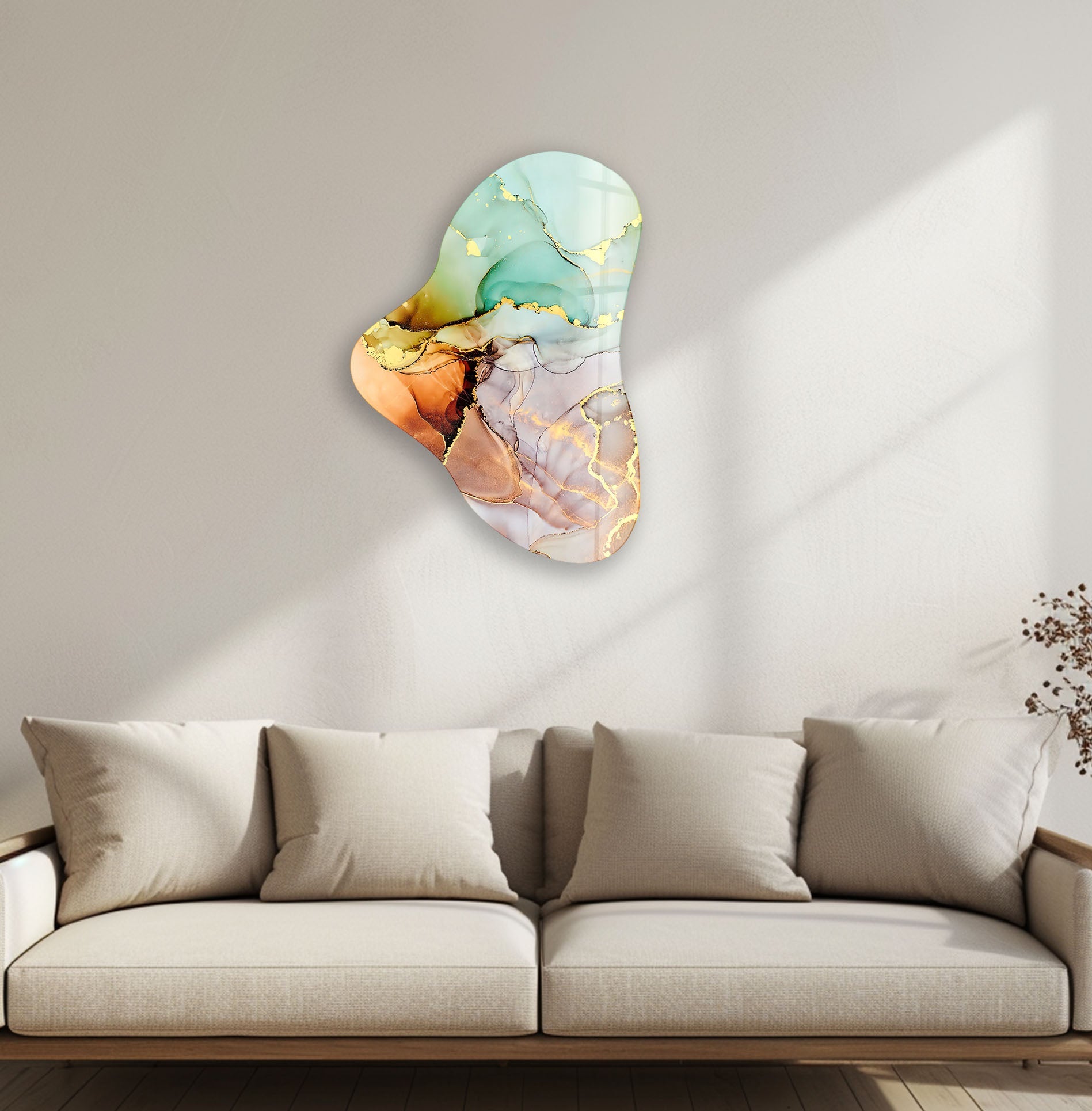 Abstract Pastel Green Asymmetric Glass Wall Art - Modern Home Decor for Living Room, Bedroom & Office - Unique Handmade Glass Painting for Contemporary Interior Design